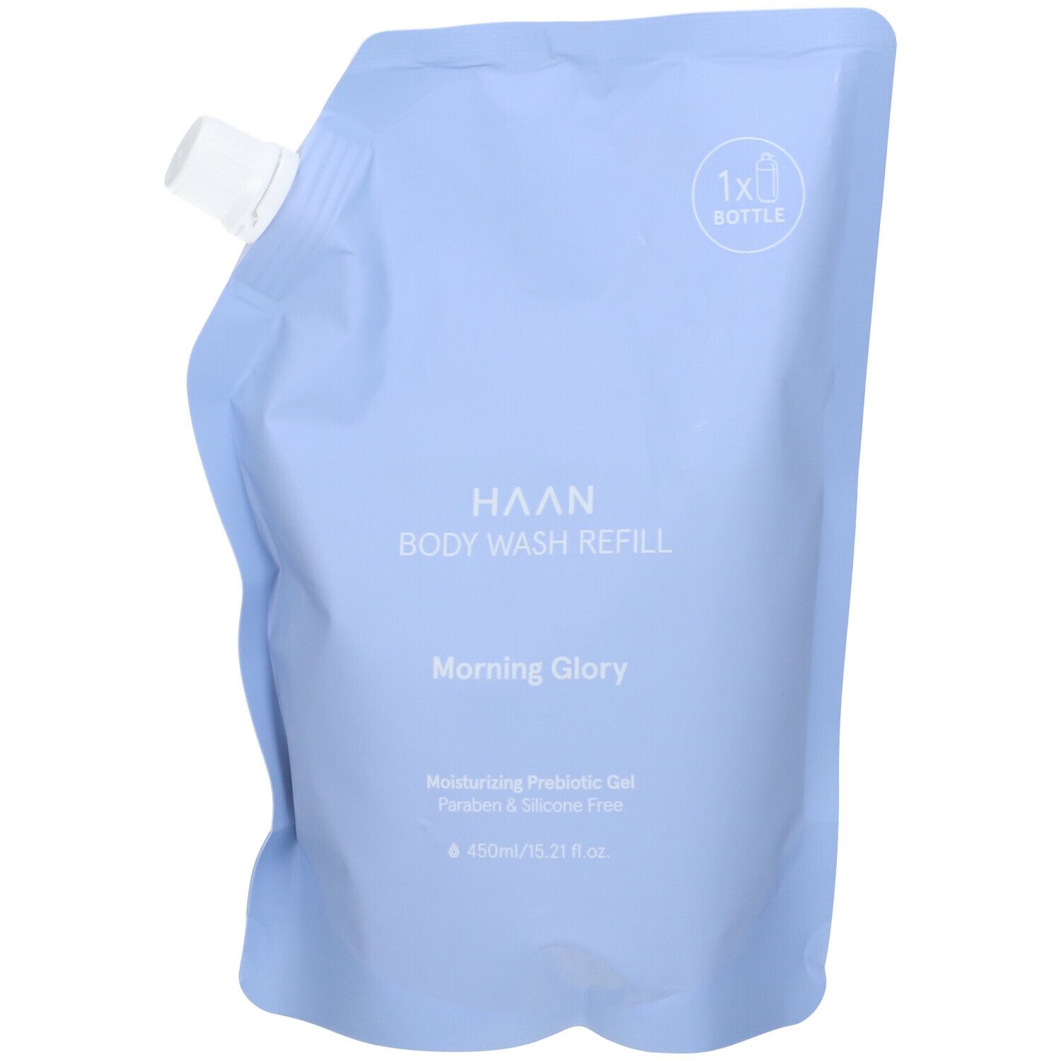 Ricarica gel doccia azzurra. Tappo bianco. Scritta: HAAN BODY WASH REFILL, Morning Glory.