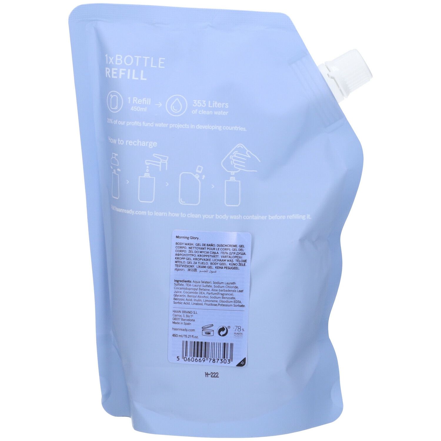 Ricarica azzurra, retro. Tappo bianco. Testo e pittogrammi. Ingredienti e informazioni.
