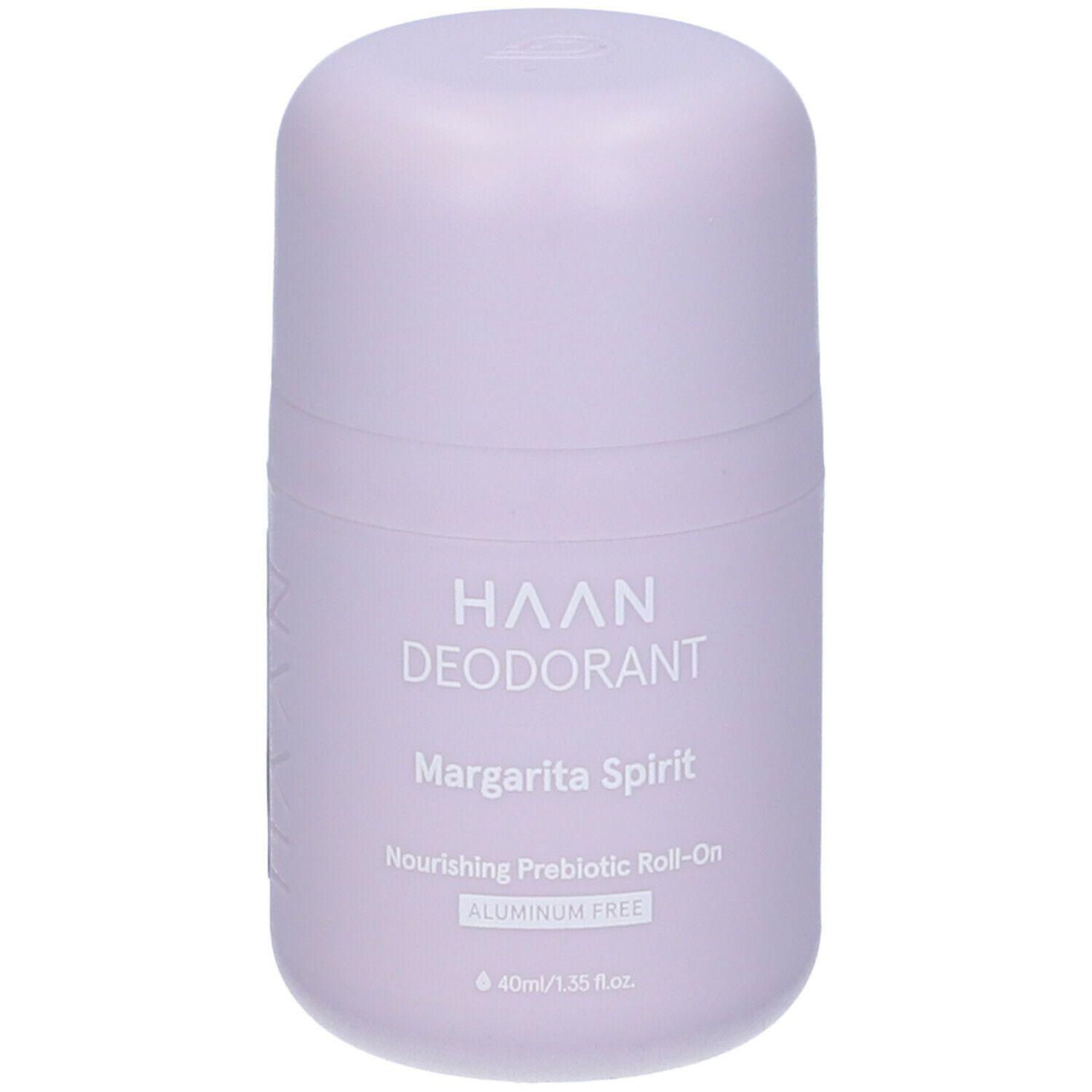 Deodorante roll-on lilla chiaro. Scritta: HAAN DEODORANT Margarita Spirit, senza alluminio. 40ml/1.35 fl.oz.
