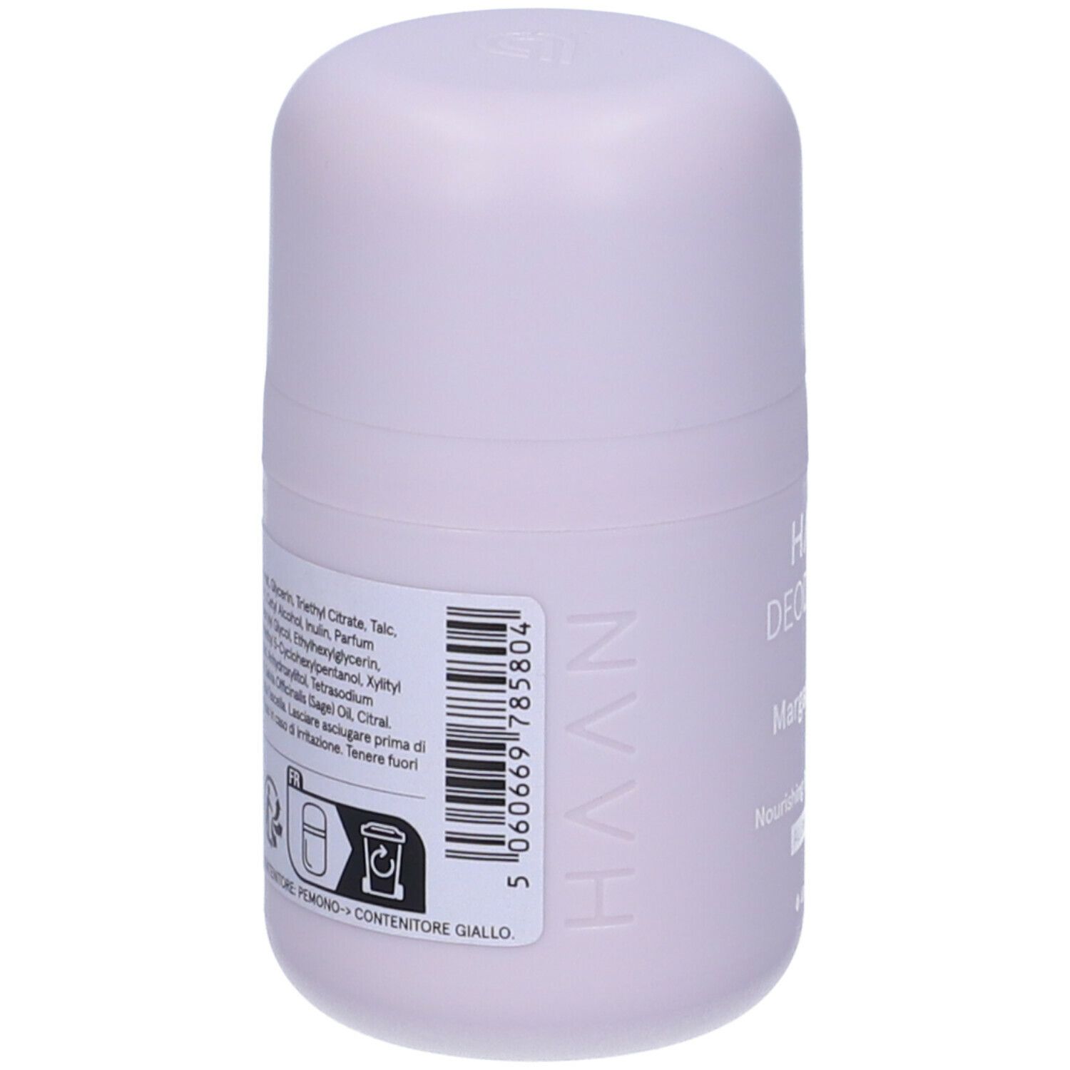 Deodorante roll-on lilla chiaro. Retro con ingredienti, codice a barre e simboli di riciclaggio. Contenitore giallo.