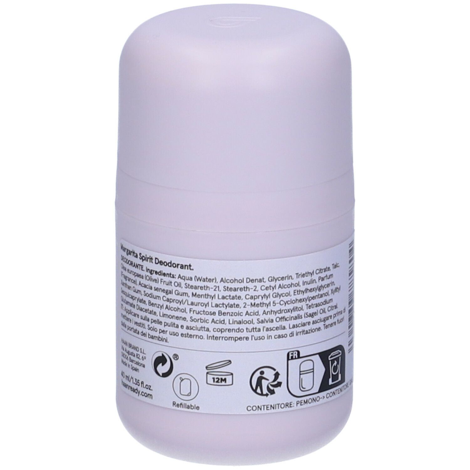 Deodorante roll-on lilla chiaro. Retro con ingredienti, simboli di riciclaggio e simbolo 12M. Ricaricabile.