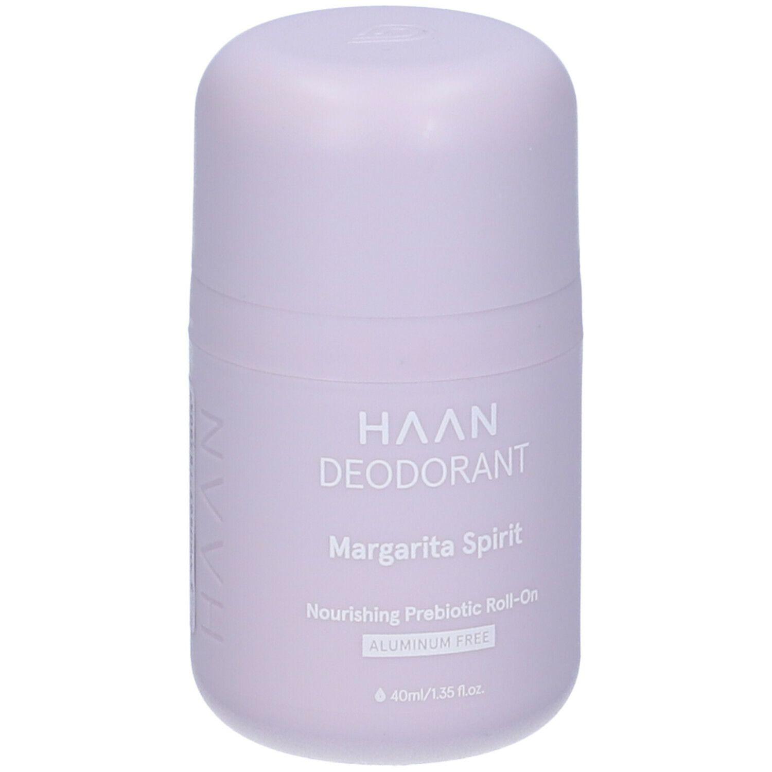 Deodorante roll-on lilla chiaro. Scritta: HAAN DEODORANT Margarita Spirit, senza alluminio. 40ml/1.35 fl.oz.