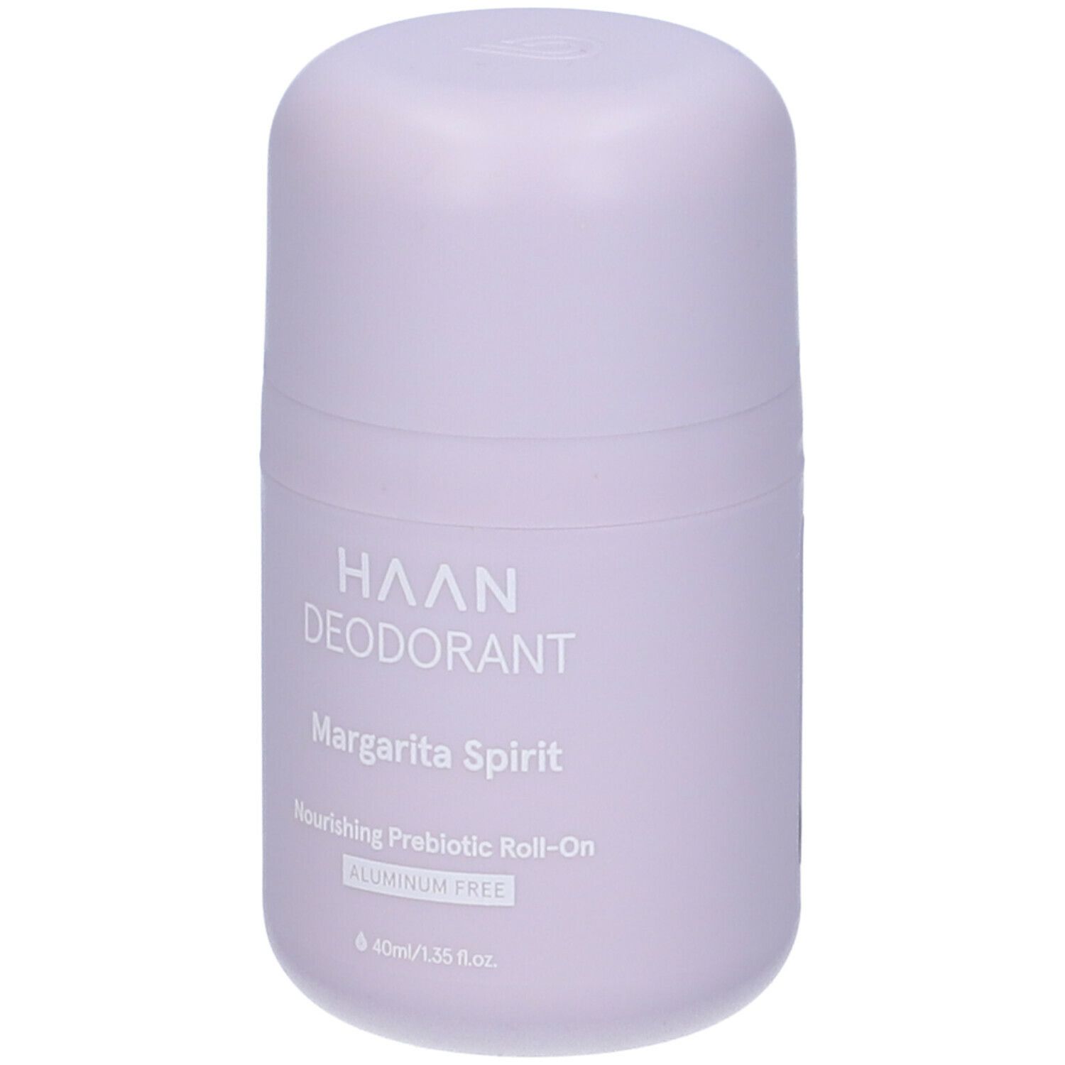 Deodorante roll-on lilla chiaro. Scritta: HAAN DEODORANT Margarita Spirit, senza alluminio. 40ml/1.35 fl.oz.