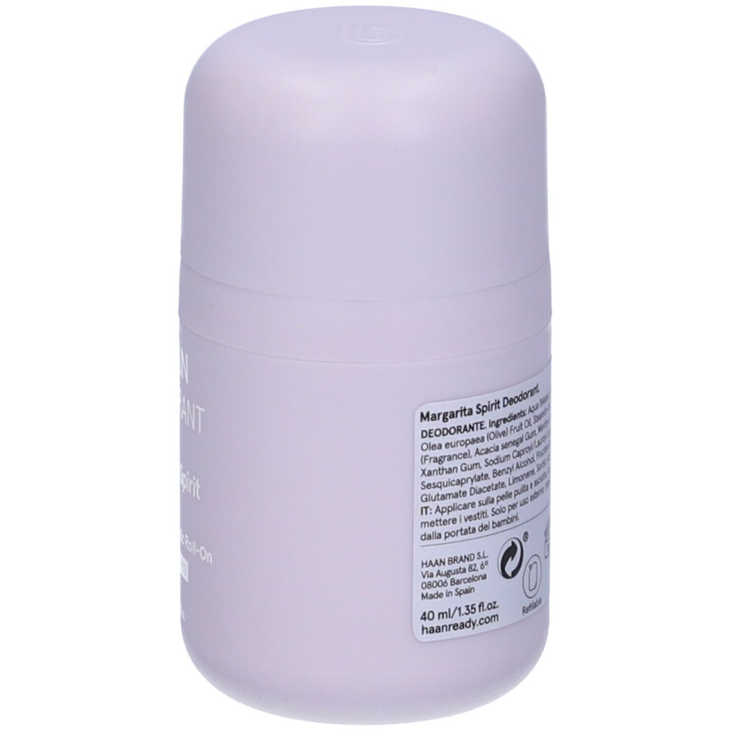 Deodorante roll-on lilla chiaro. Retro con ingredienti, indirizzo del produttore e 40 ml/1,35 fl.oz.