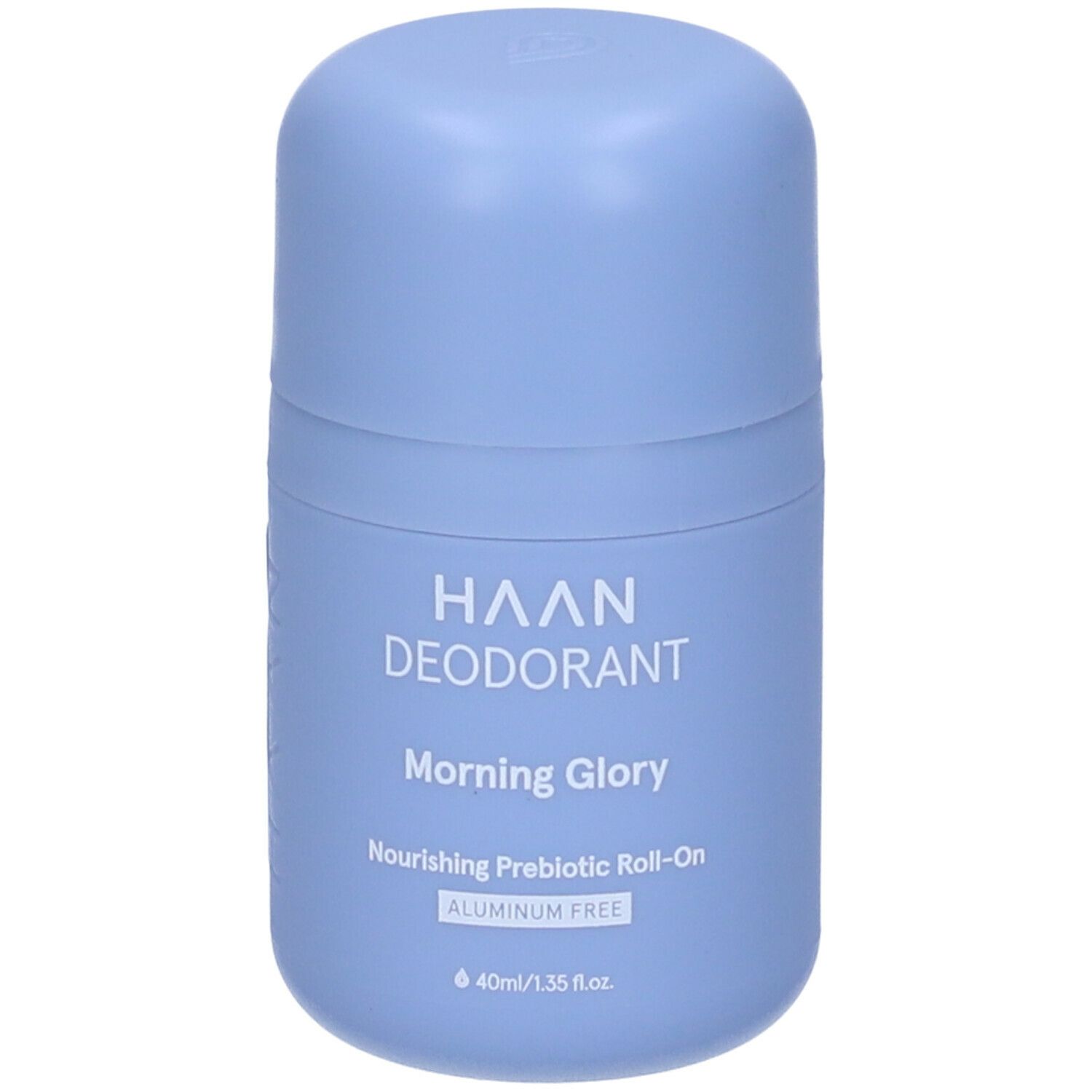 Deodorante roll-on azzurro. Scritta: HAAN DEODORANT Morning Glory. Contiene: Nourishing Prebiotic Roll-On, ALUMINUM FREE.