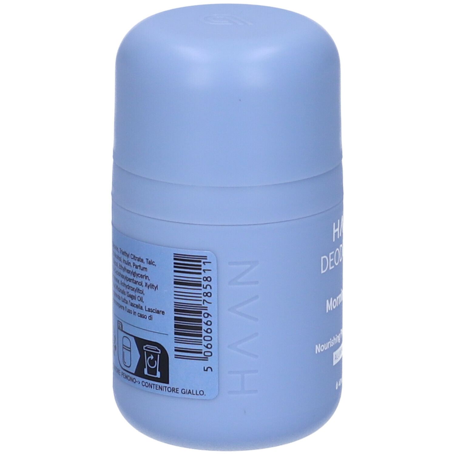 Deodorante roll-on azzurro. Retro con codice a barre e ingredienti. Scritta: HAAN DEODORANT Morning Glory.