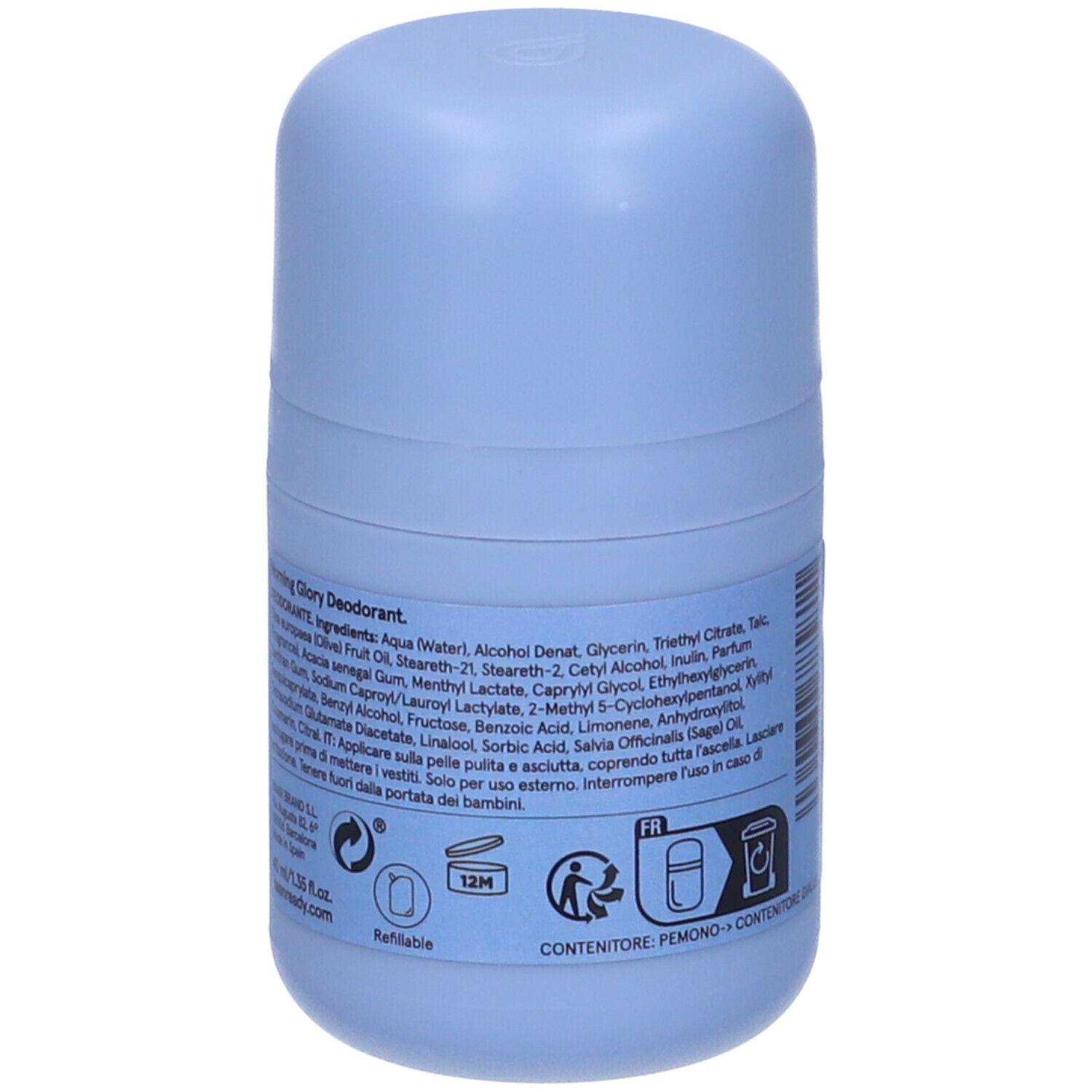 Deodorante roll-on azzurro. Retro con ingredienti e simboli. Scritta: HAAN DEODORANT Morning Glory.