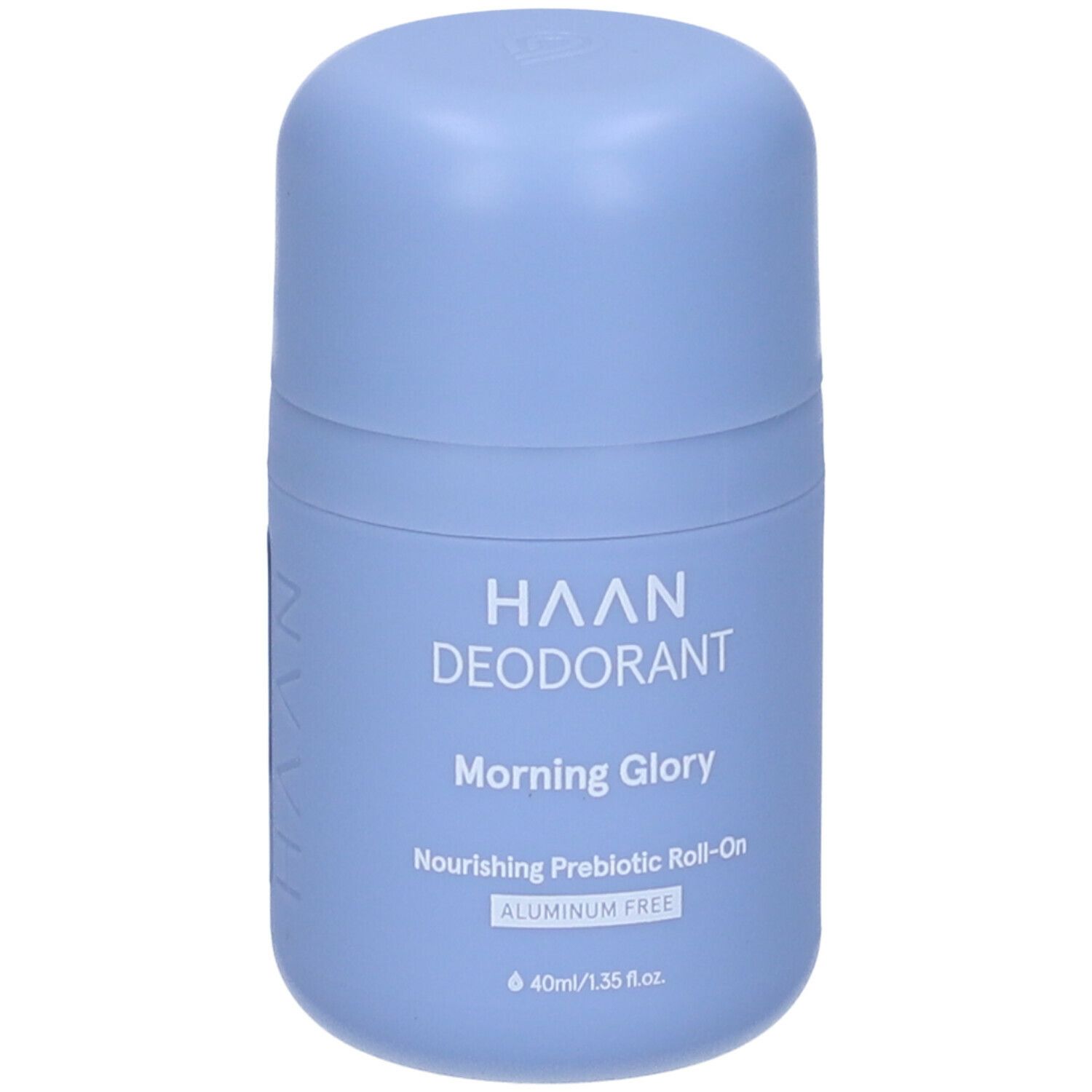 Deodorante roll-on azzurro. Scritta: HAAN DEODORANT Morning Glory. Contiene: Nourishing Prebiotic Roll-On, ALUMINUM FREE.