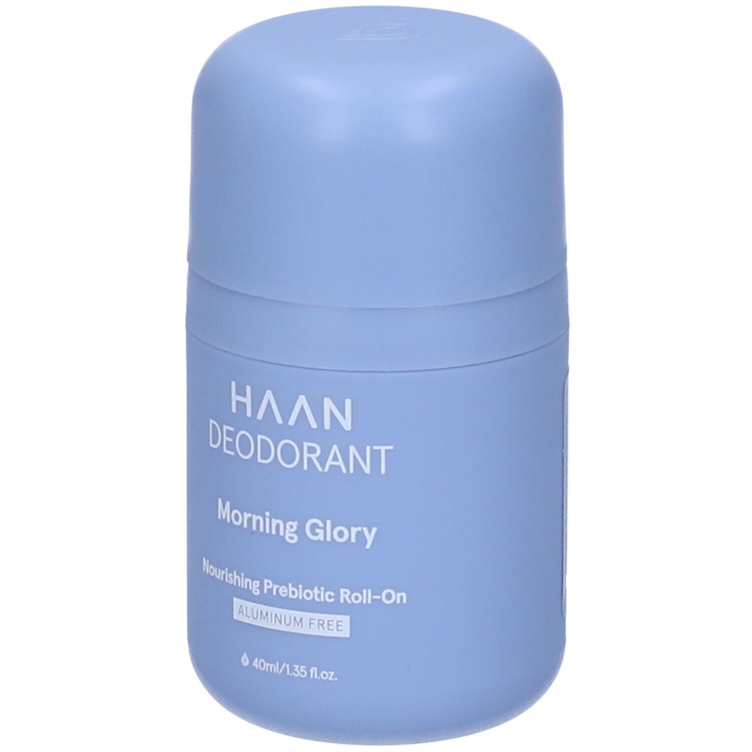 Deodorante roll-on azzurro. Scritta: HAAN DEODORANT Morning Glory. Contiene: Nourishing Prebiotic Roll-On, ALUMINUM FREE.