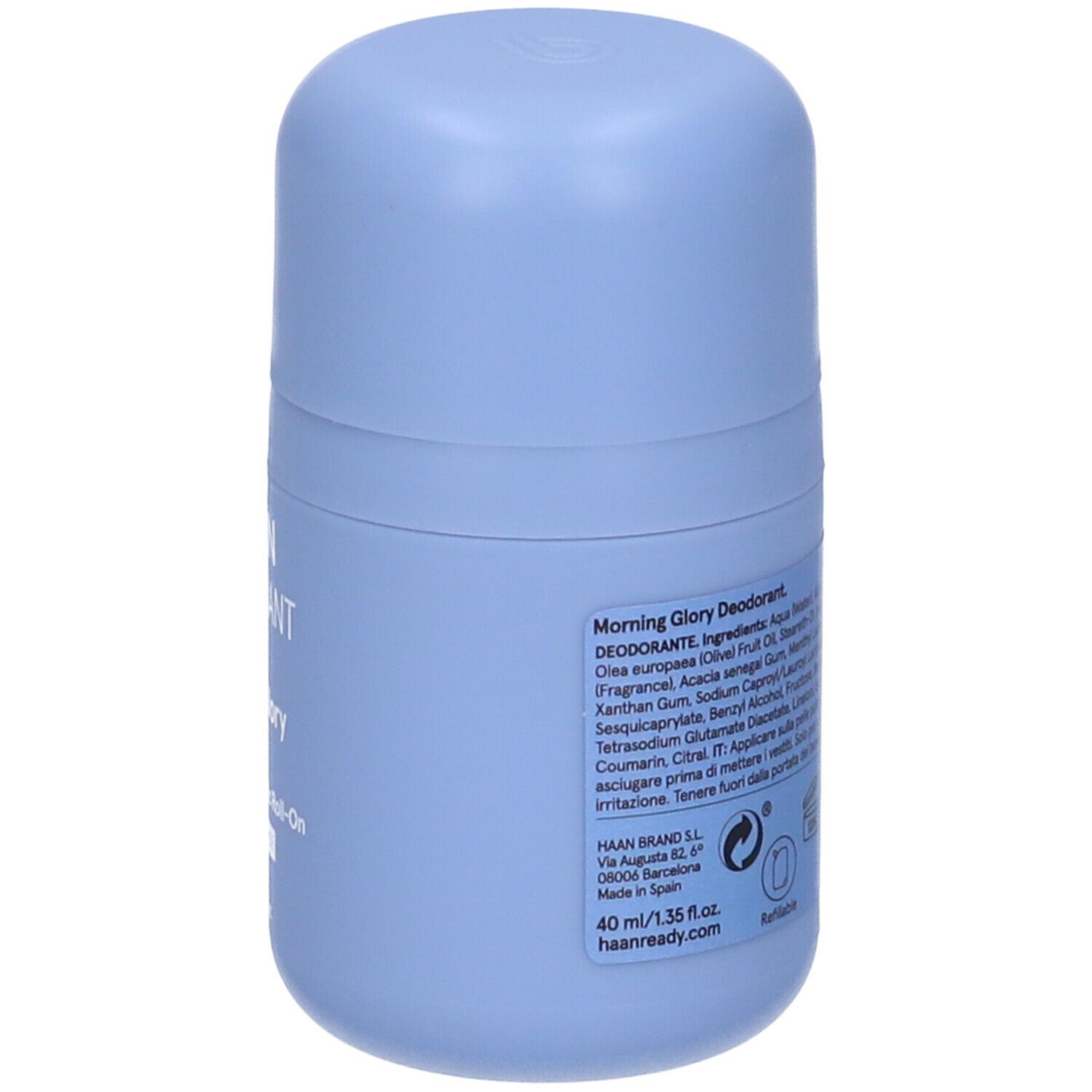 Deodorante roll-on azzurro. Retro con ingredienti e informazioni. Scritta: HAAN DEODORANT Morning Glory.