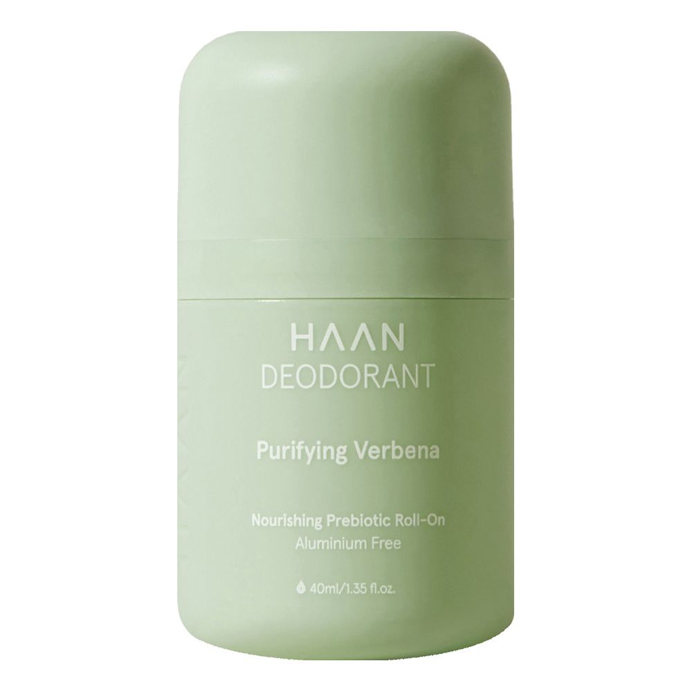 Deodorante roll-on verde chiaro. Scritta: HAAN DEODORANT, Purifying Verbena. Senza alluminio, 40ml.