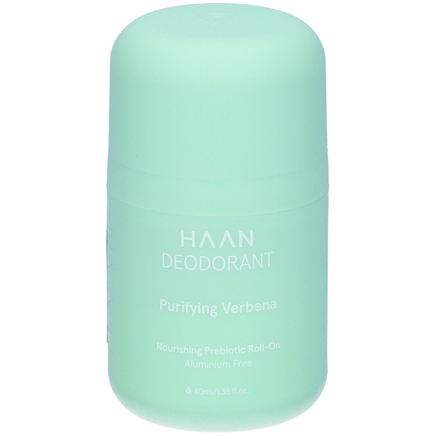 Deodorante roll-on verde chiaro. Scritta: HAAN DEODORANT, Purifying Verbena. Senza alluminio, 40ml.