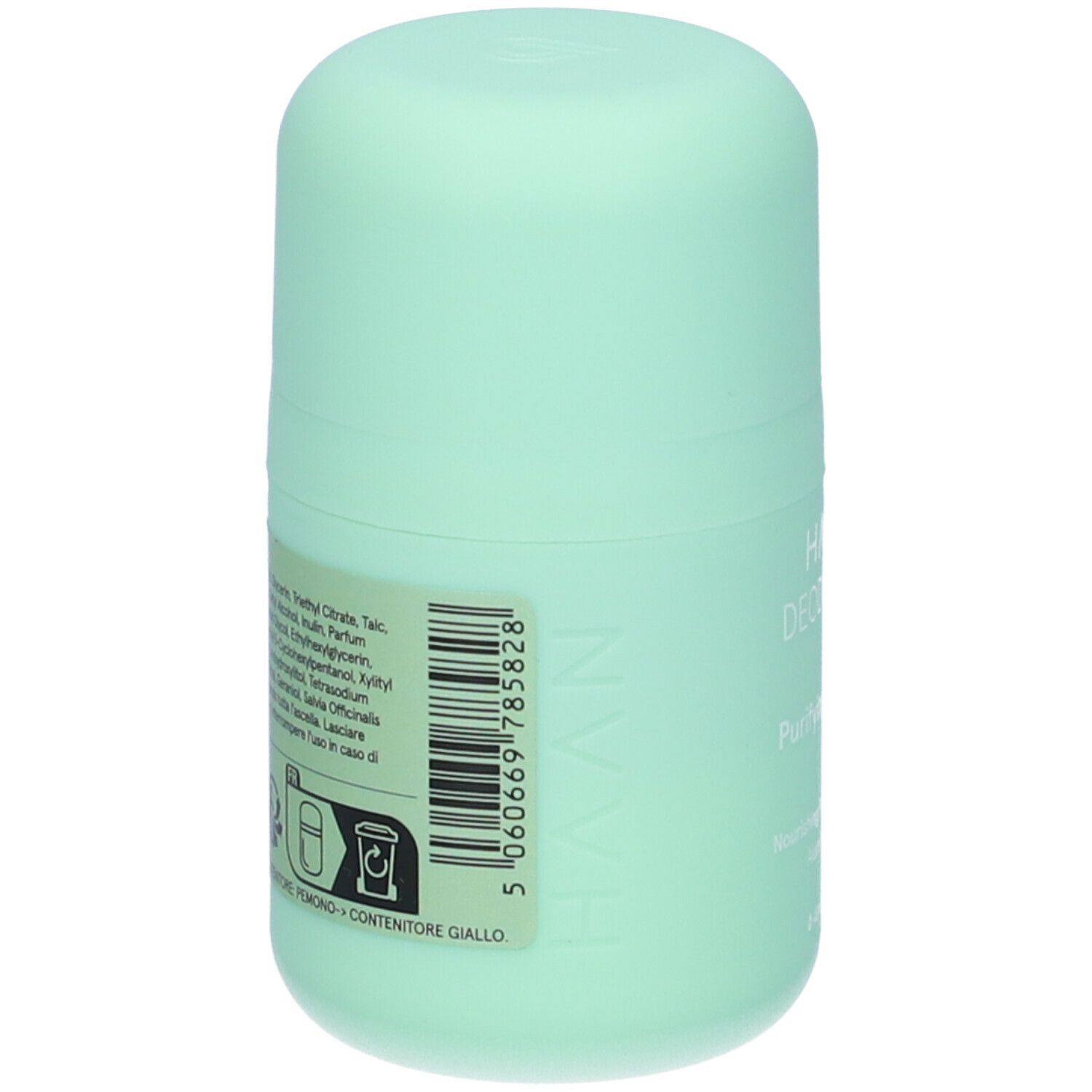 Deodorante roll-on verde chiaro. Retro con ingredienti e codice a barre. HAAN DEODORANT, Purifying Verbena.