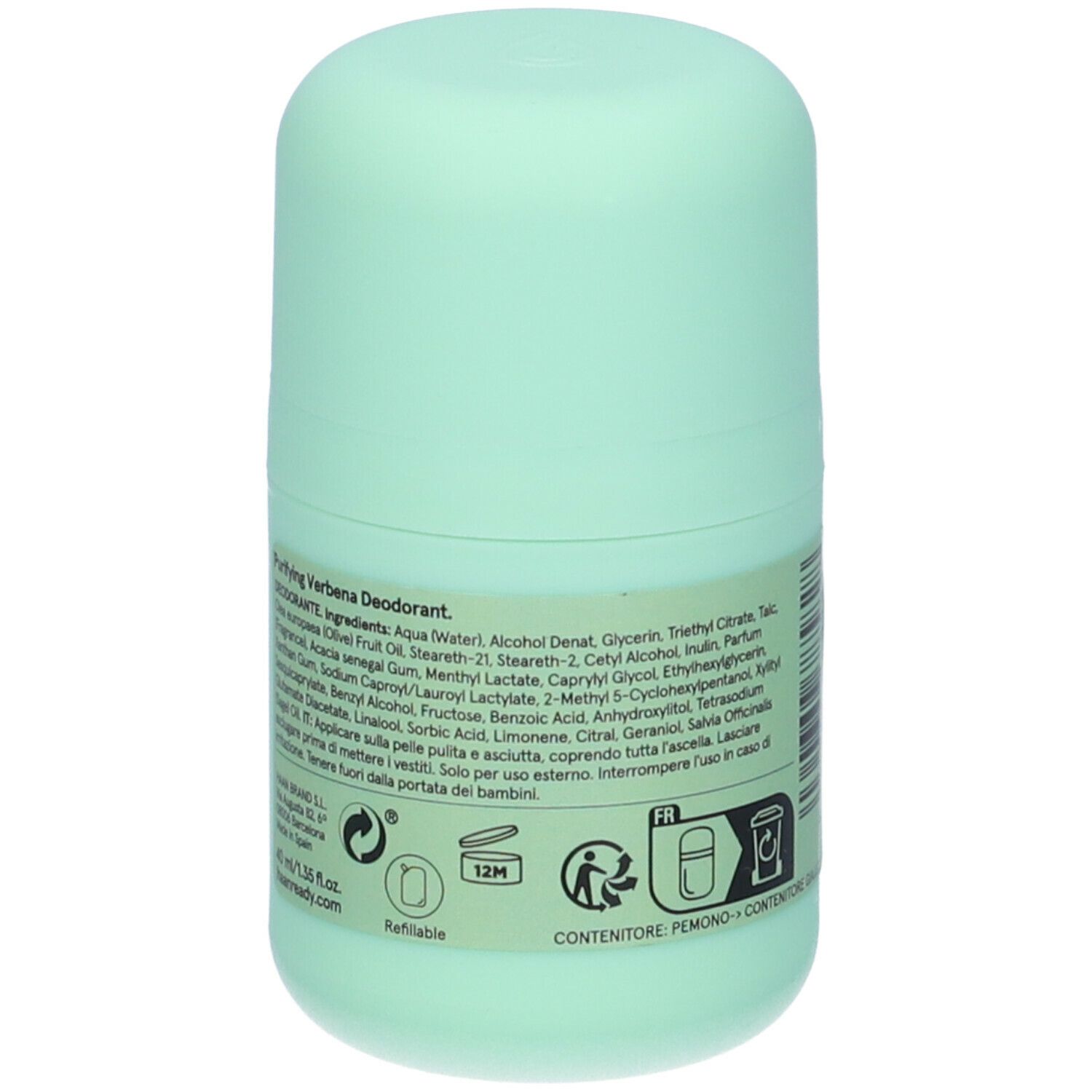 Deodorante roll-on verde chiaro. Retro con ingredienti e simboli. HAAN DEODORANT, Purifying Verbena.