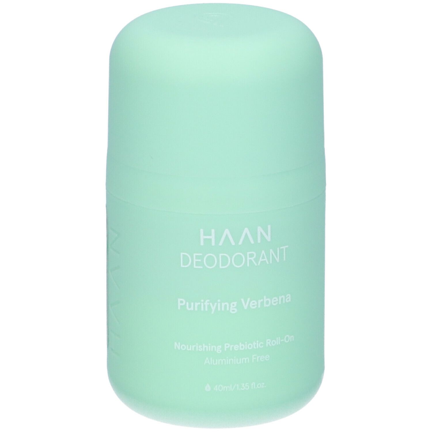 Deodorante roll-on verde chiaro. Scritta: HAAN DEODORANT, Purifying Verbena. Senza alluminio, 40ml.