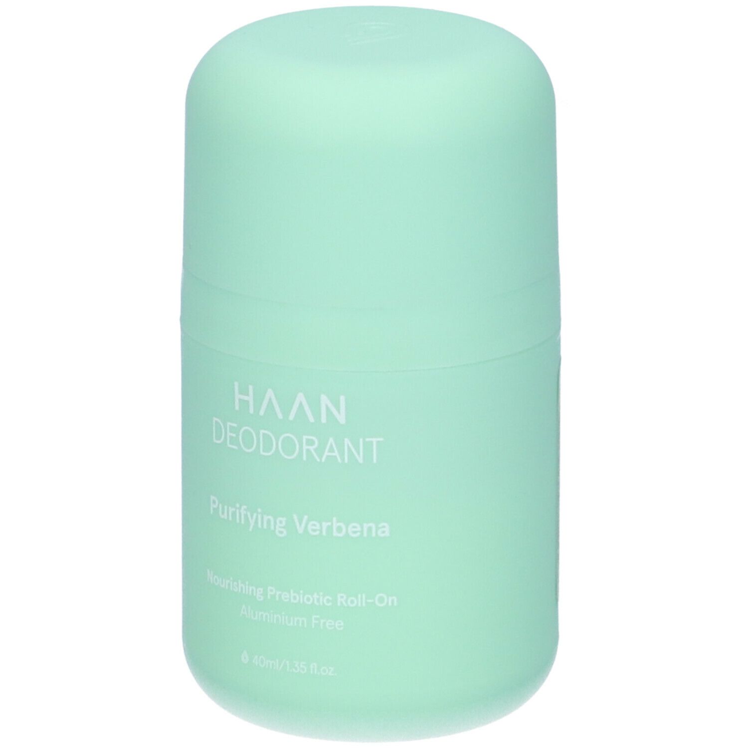 Deodorante roll-on verde chiaro. Scritta: HAAN DEODORANT, Purifying Verbena. Senza alluminio, 40ml.