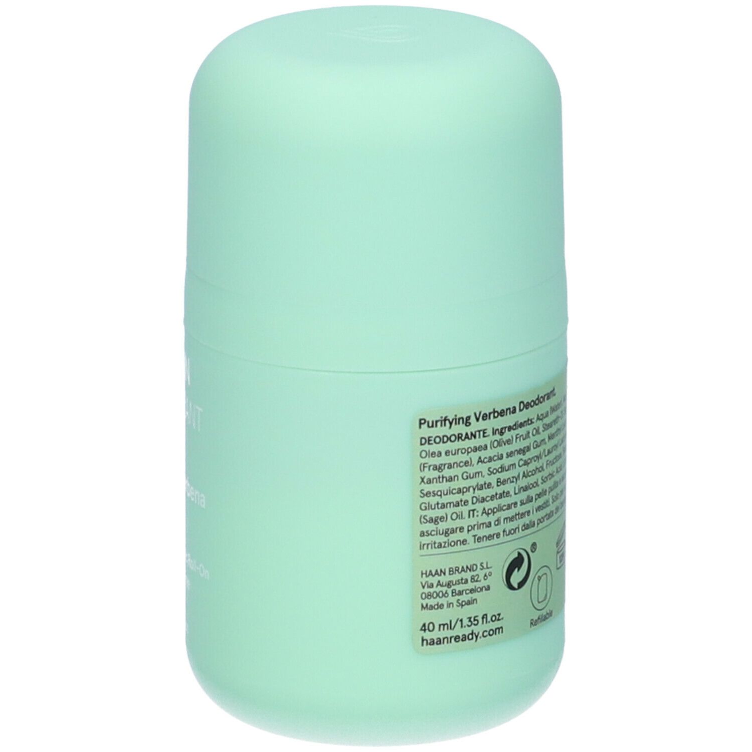Deodorante roll-on verde chiaro. Retro con ingredienti e testo. HAAN DEODORANT, Purifying Verbena.