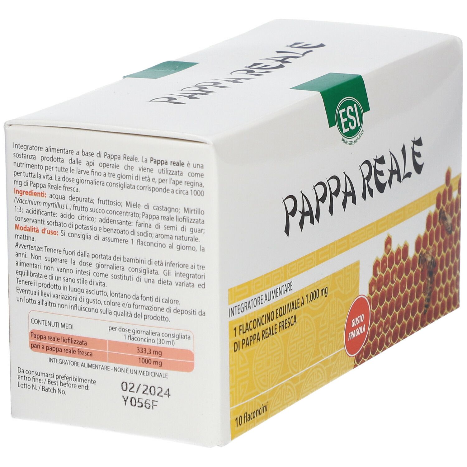 Scatola bianca con logo ESI e scritta Pappa Reale. Testo sugli ingredienti e le modalità d'uso.