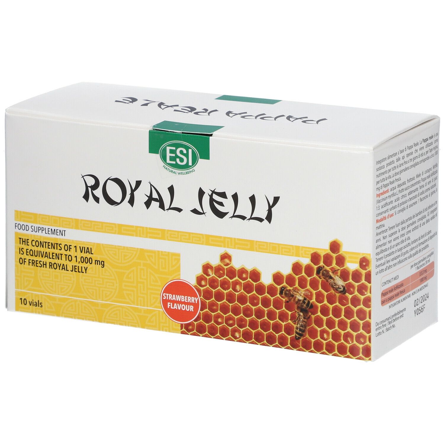 Scatola bianca con logo ESI e scritta Royal Jelly. Illustrazione di favi e gusto fragola.