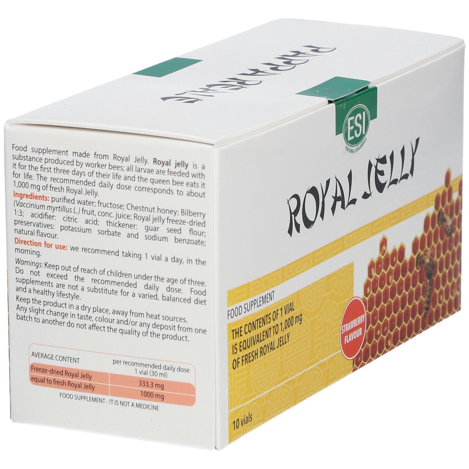Scatola bianca con logo ESI e scritta Royal Jelly. Testo sugli ingredienti e le modalità d'uso.