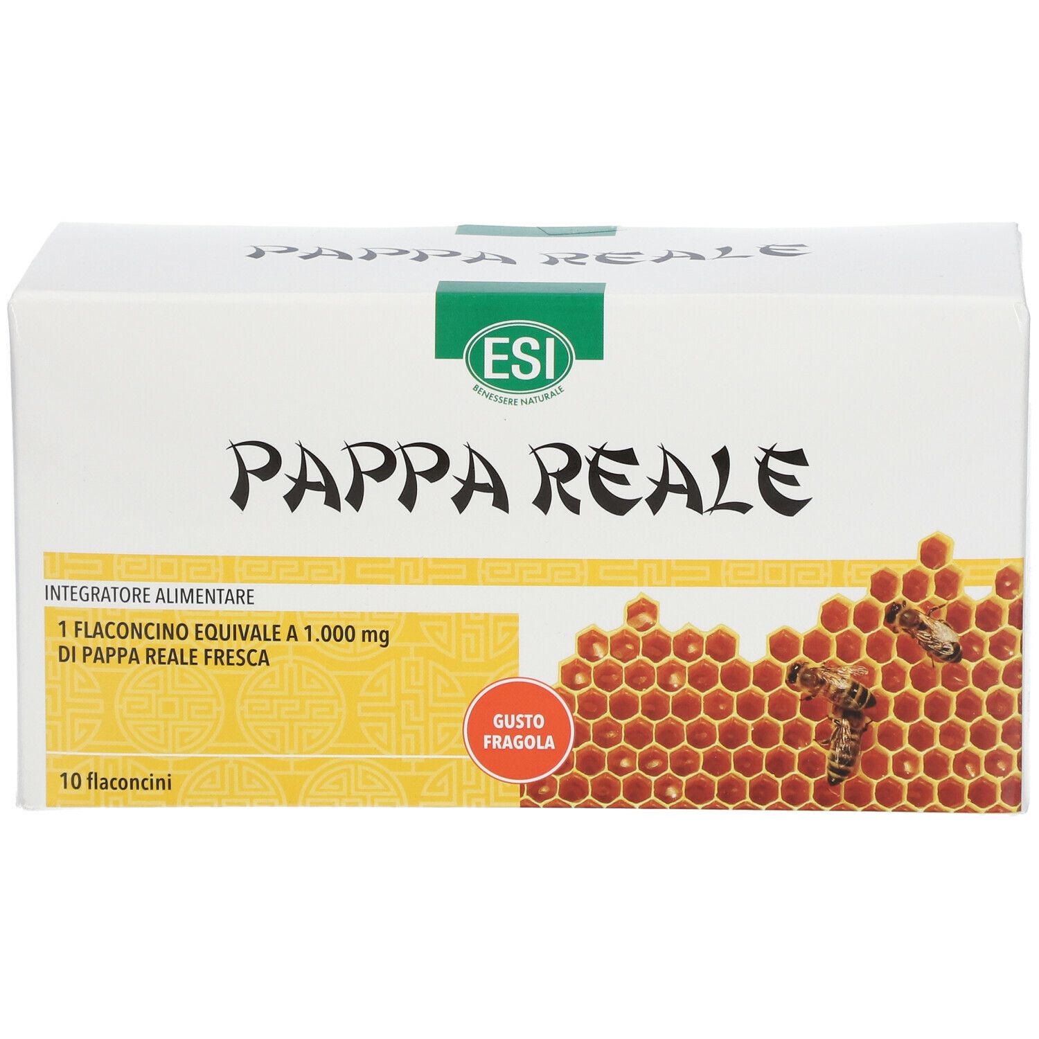 Scatola bianca con logo ESI e scritta Pappa Reale. Illustrazione di favi e gusto fragola.