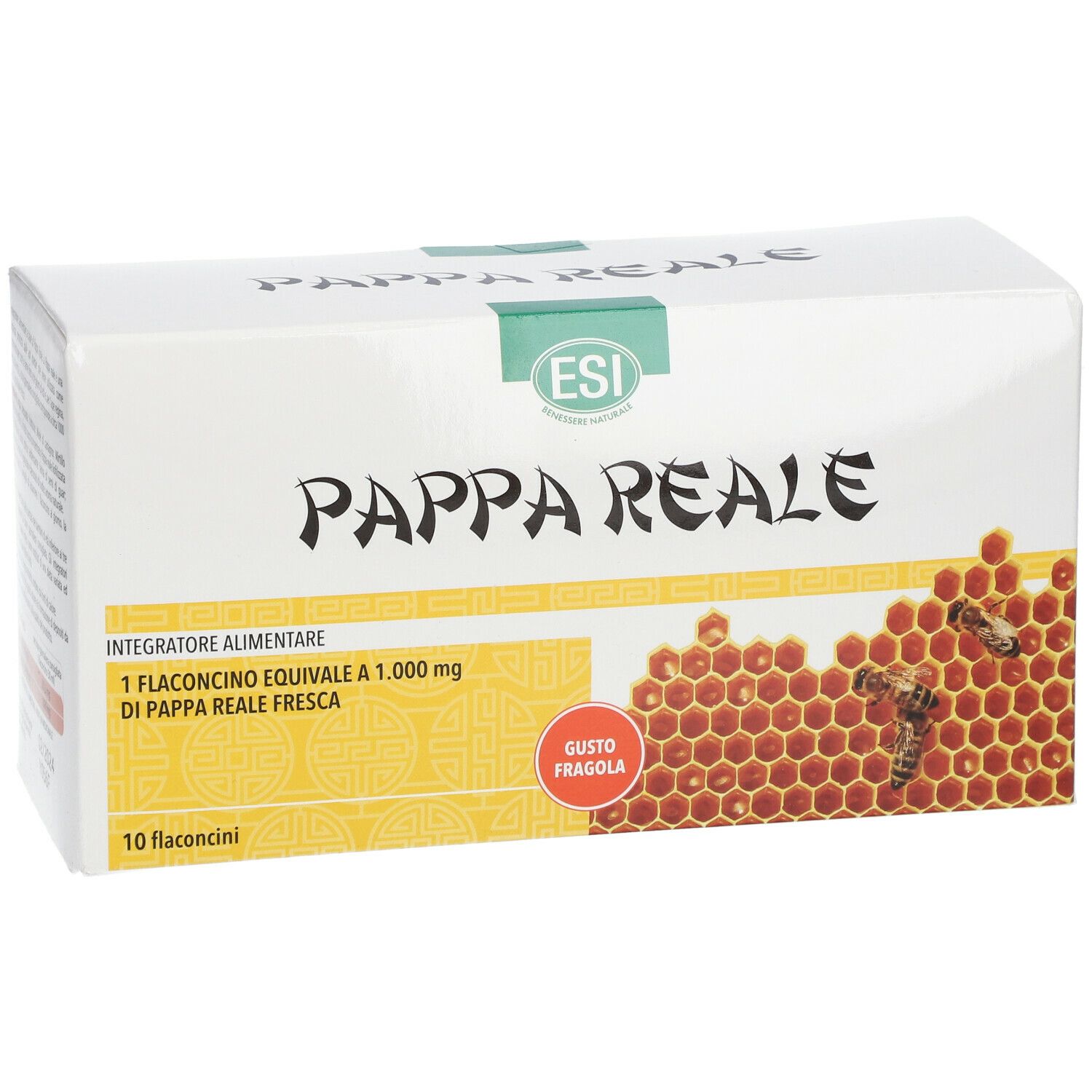Scatola bianca con logo ESI e scritta Pappa Reale. Illustrazione di favi e gusto fragola.