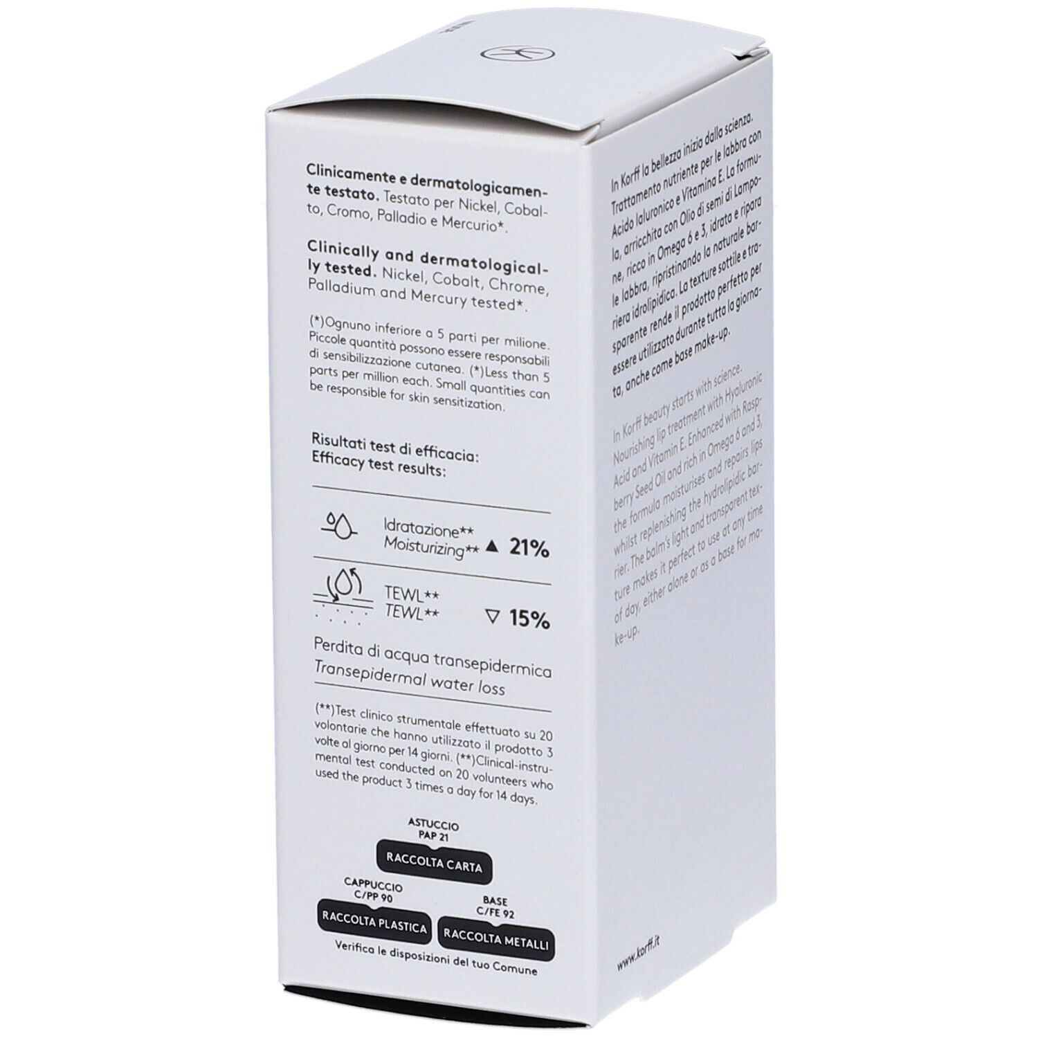 Confezione bianca con risultati dei test. KORFF Cure Make Up Balsamo labbra idratante e riparatore. Dermatologicamente testato.