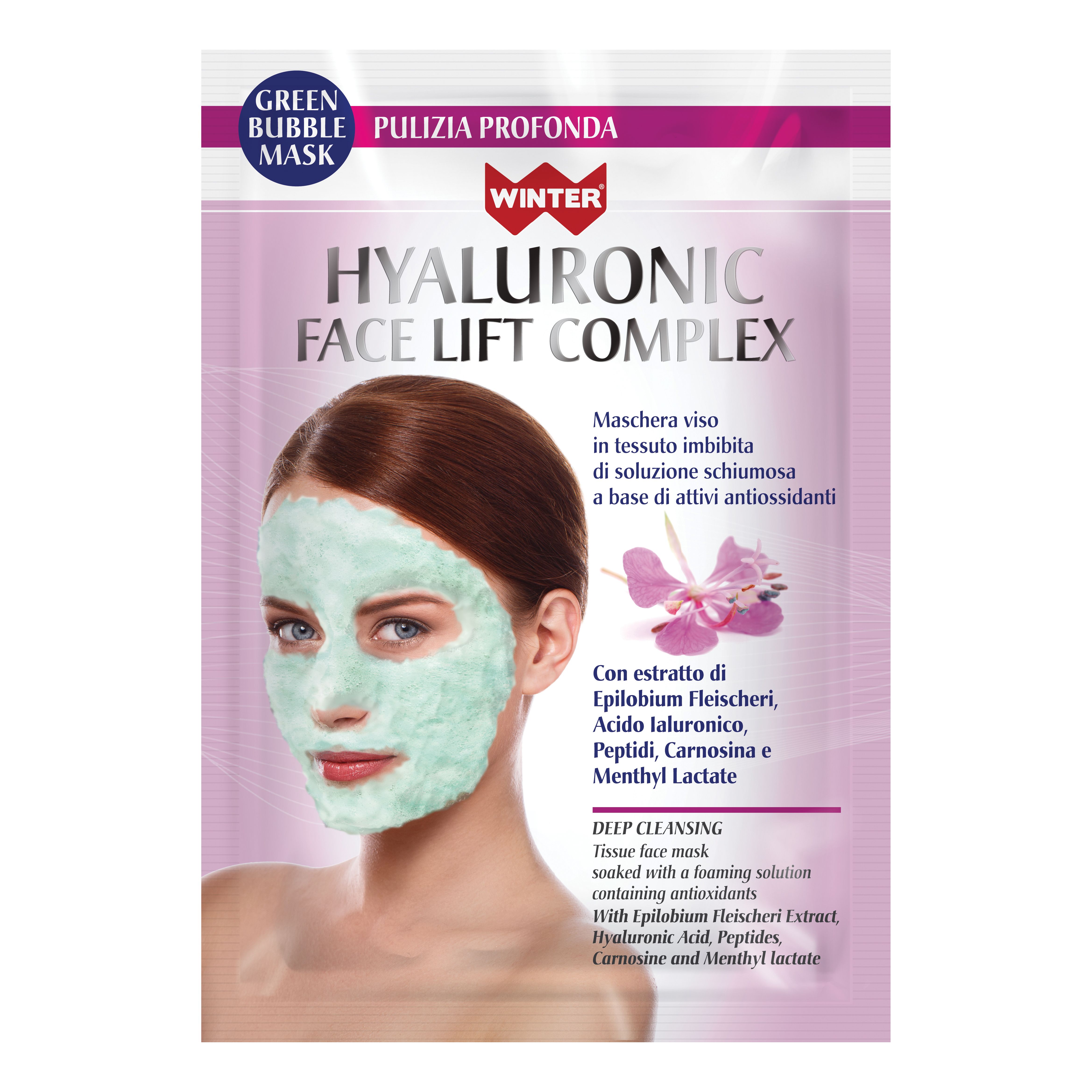 Maschera viso in confezione. Scritta: Hyaluronic Face Lift Complex, Winter. Maschera sul viso di una donna.
