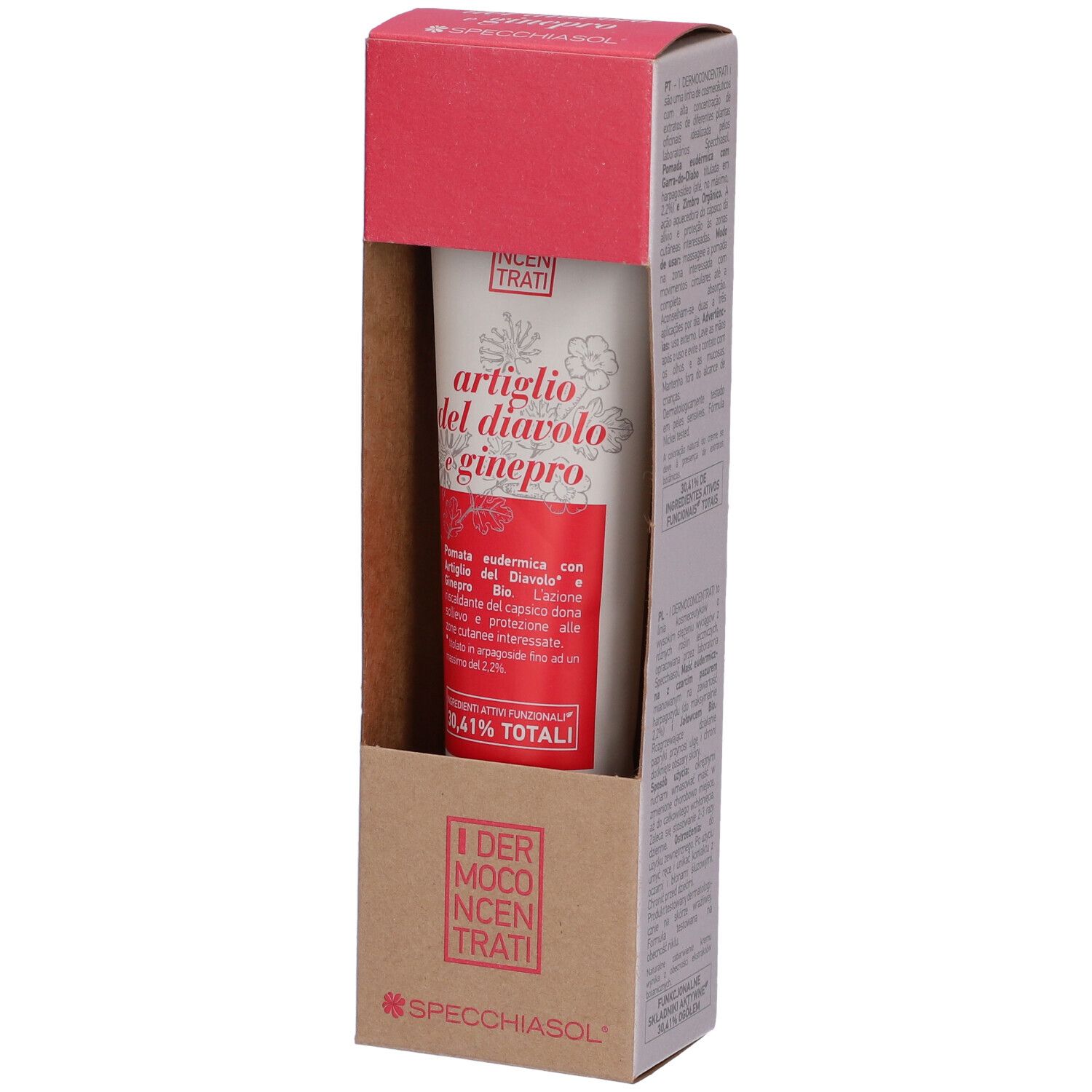 Crema in confezione. Tubo con scritta rossa: Artiglio del diavolo e ginepro. Scatola rossa e marrone.