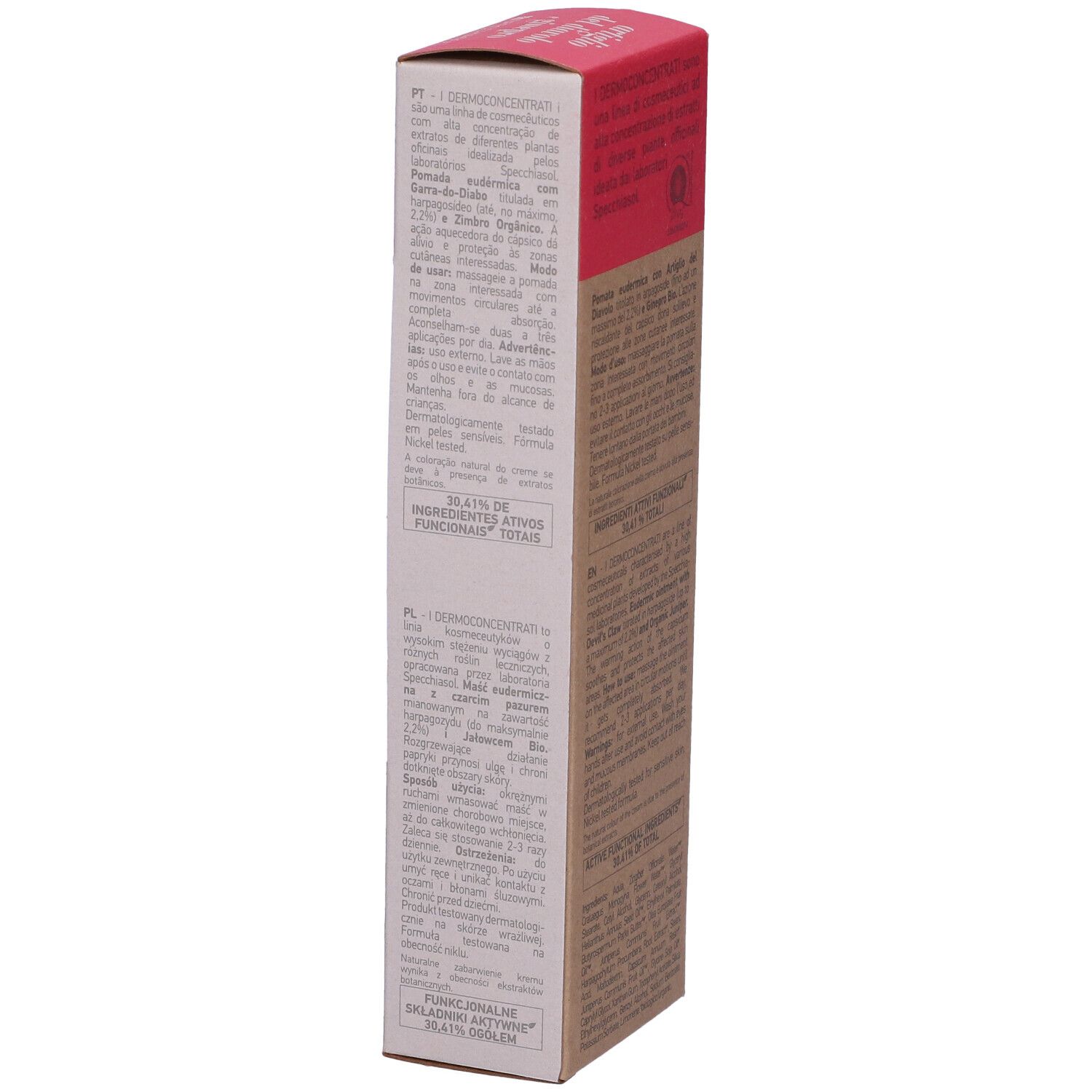 Confezione con testo. Scritta rossa su sfondo bianco. Testo in italiano. Confezione marrone.