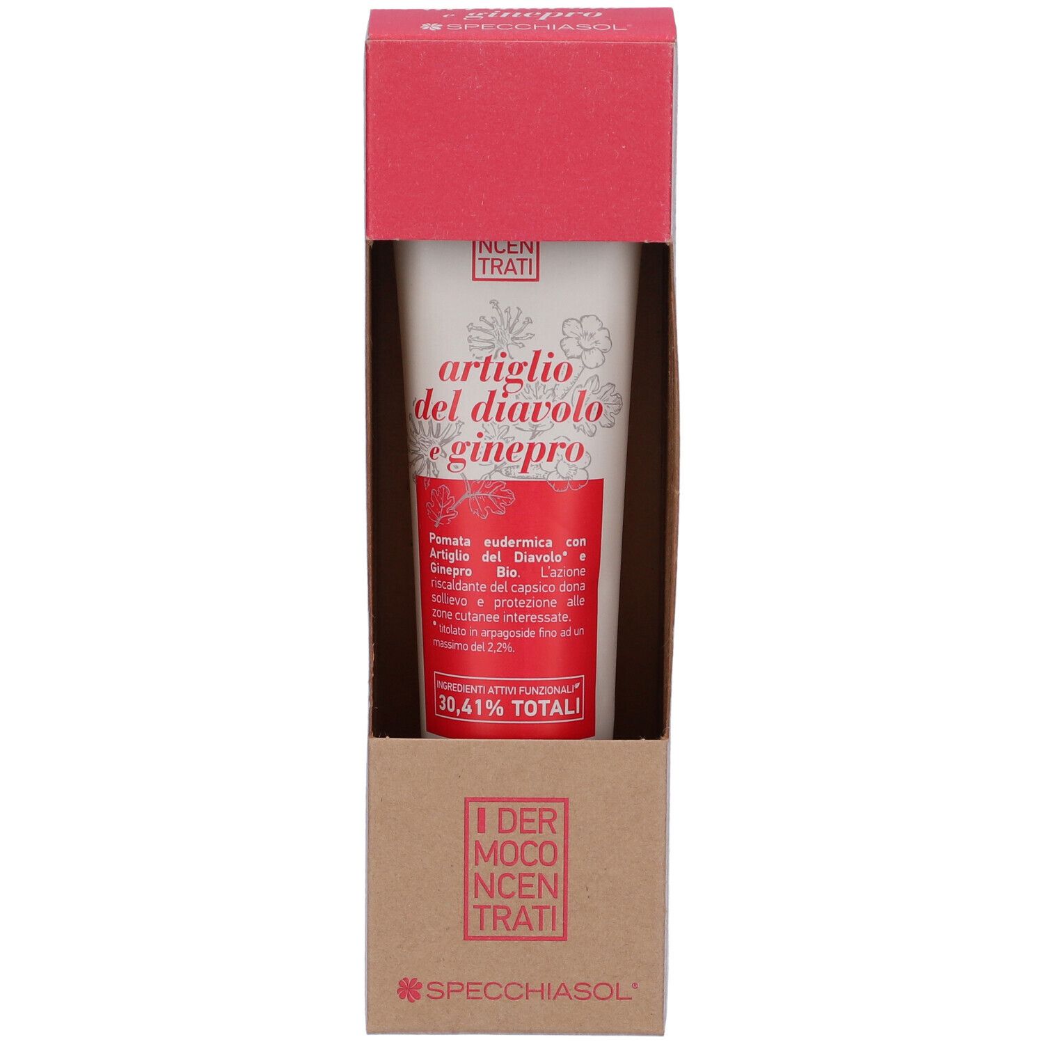 Crema in confezione. Tubo con scritta rossa: Artiglio del diavolo e ginepro. Scatola rossa e marrone.