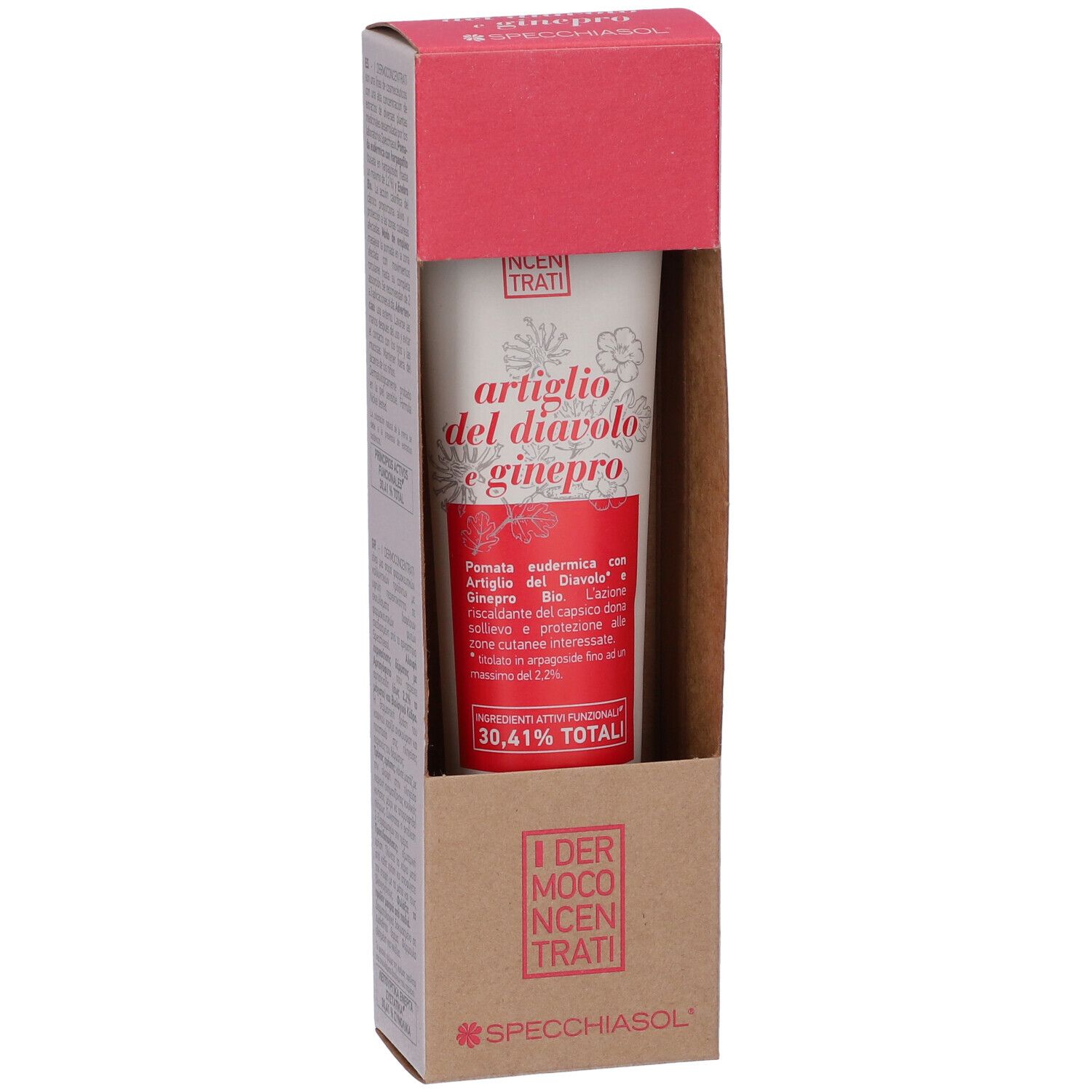 Crema in confezione. Tubo con scritta rossa: Artiglio del diavolo e ginepro. Scatola rossa e marrone.