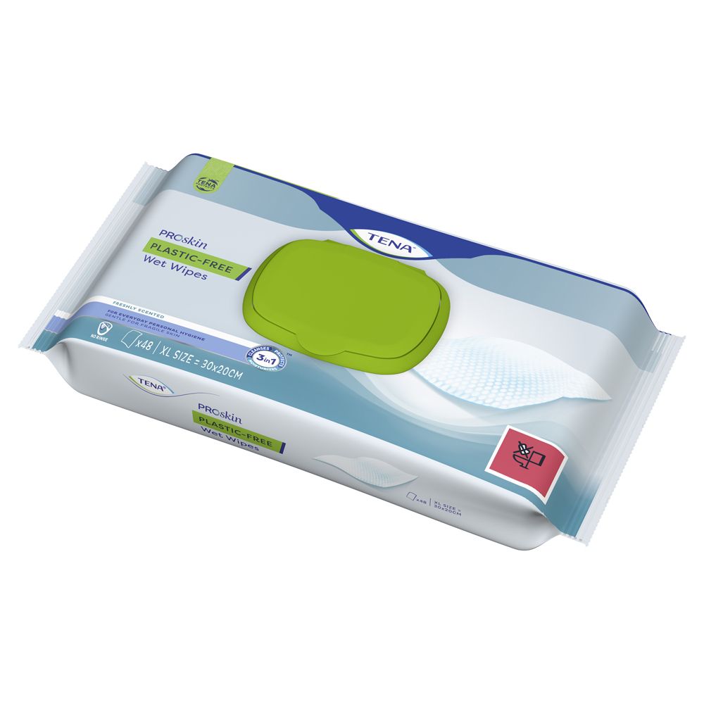 Confezione di salviette umidificate Tena senza plastica. Coperchio verde, elementi blu e bianchi. Testo: Senza plastica, salviette umidificate, 3-in-1. Formato XL.