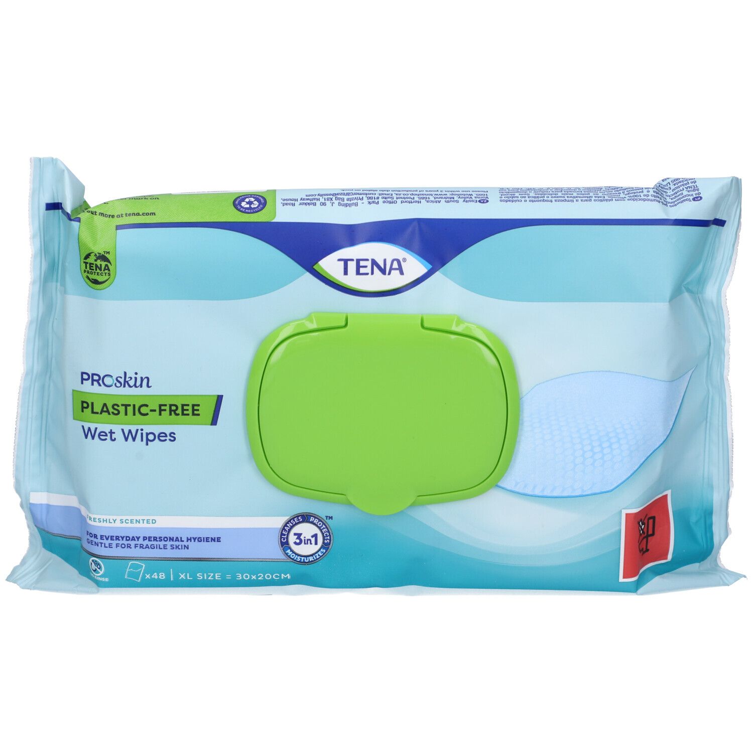Confezione di salviette umidificate Tena senza plastica. Coperchio verde, elementi blu. Testo: Senza plastica, salviette umidificate, 3-in-1. Formato XL. Logo Tena.