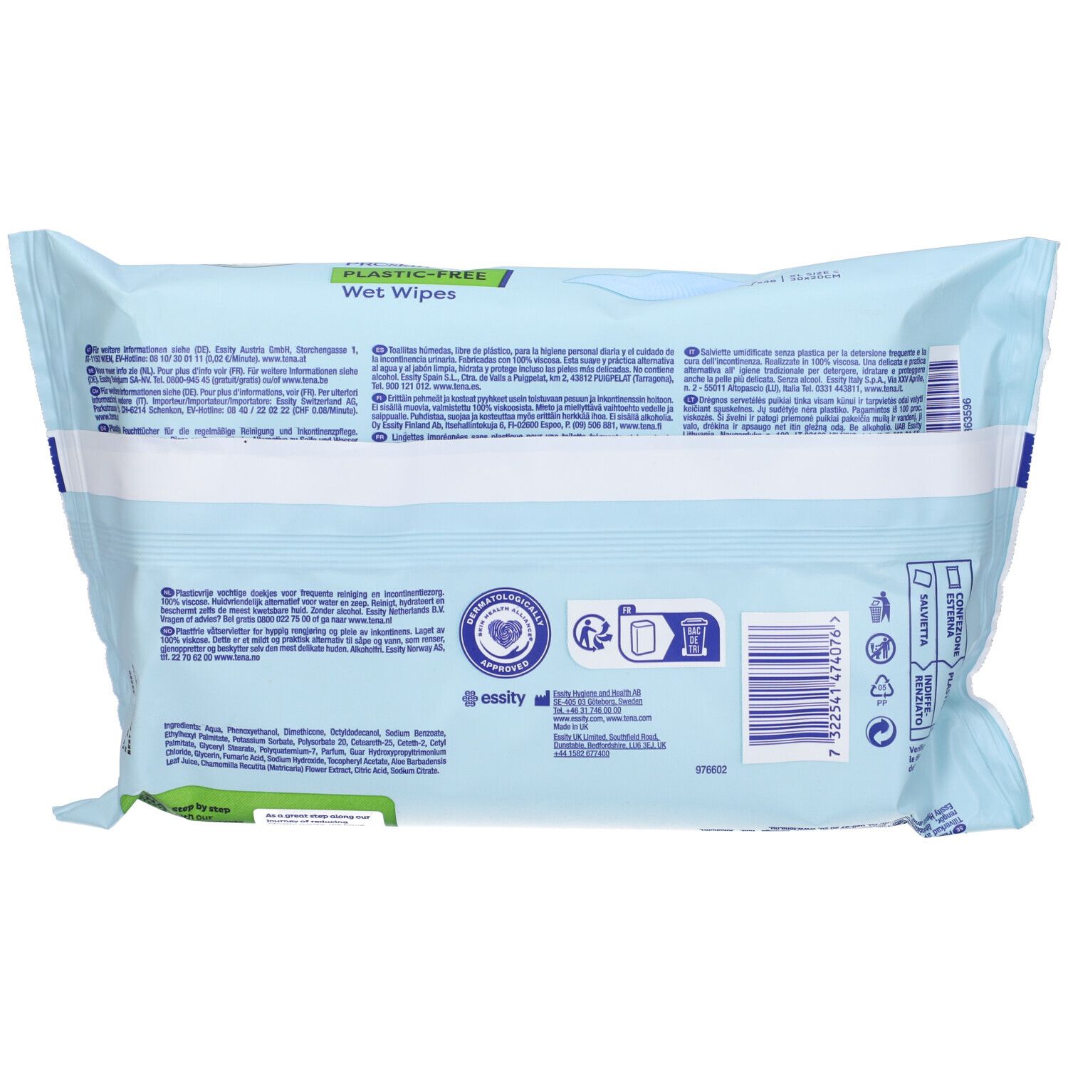 Retro delle salviette umidificate Tena senza plastica. Confezione blu e bianca. Testo e simboli. Informazioni sugli ingredienti e il produttore.