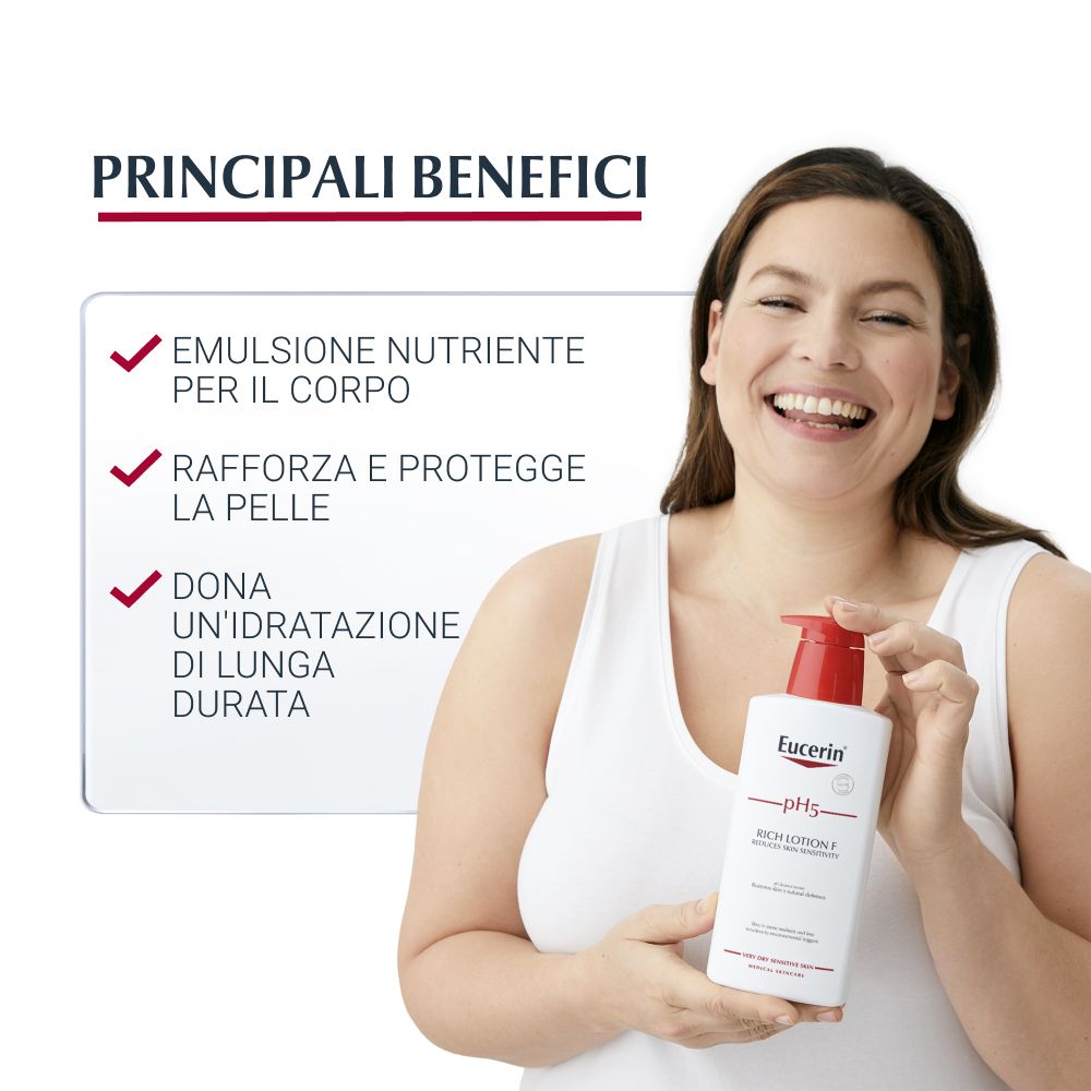 Donna con flacone. Testo: Emulsione per il corpo, rinforza la pelle, idrata.