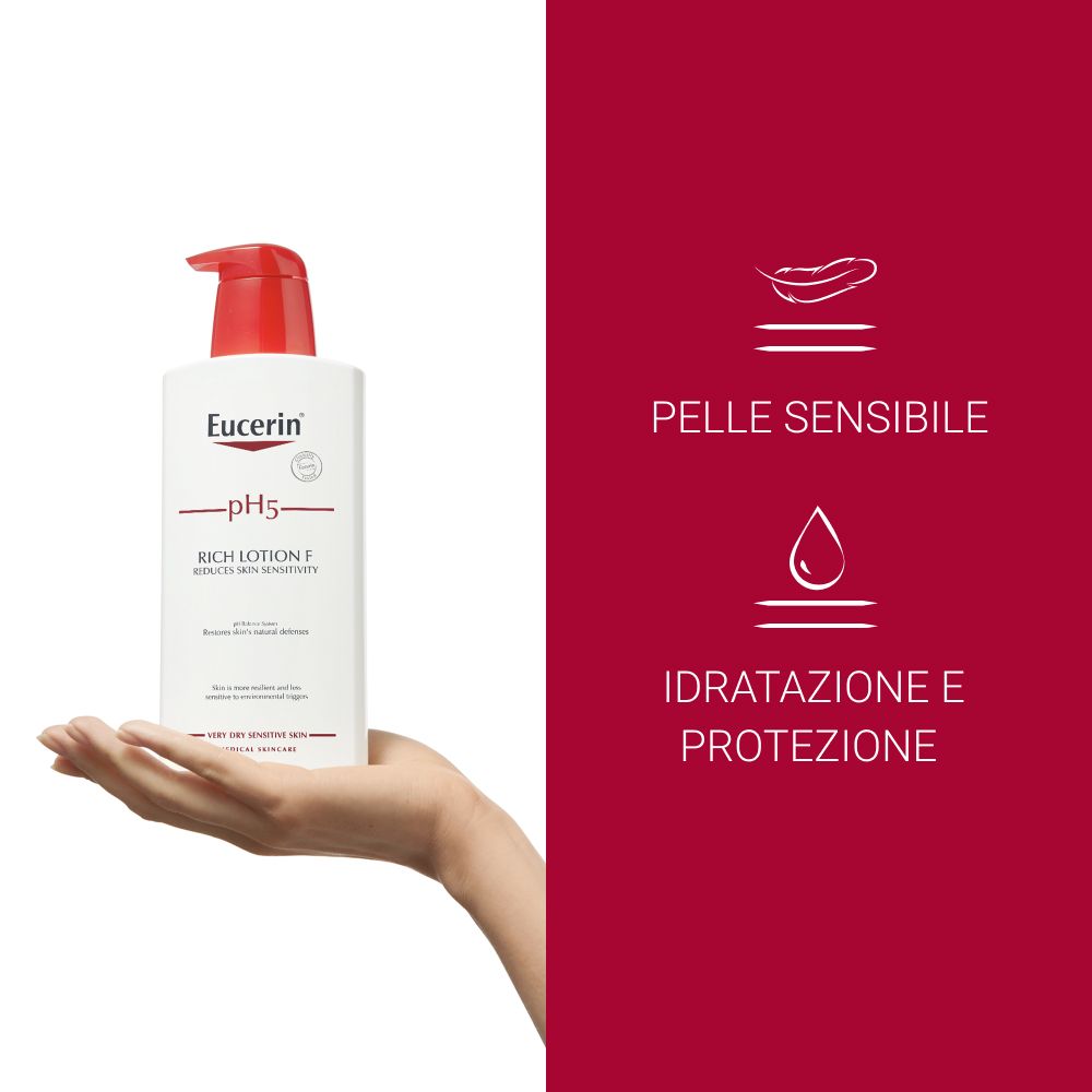 Mano che tiene un flacone. Testo: Per pelli sensibili, idrata e protegge.