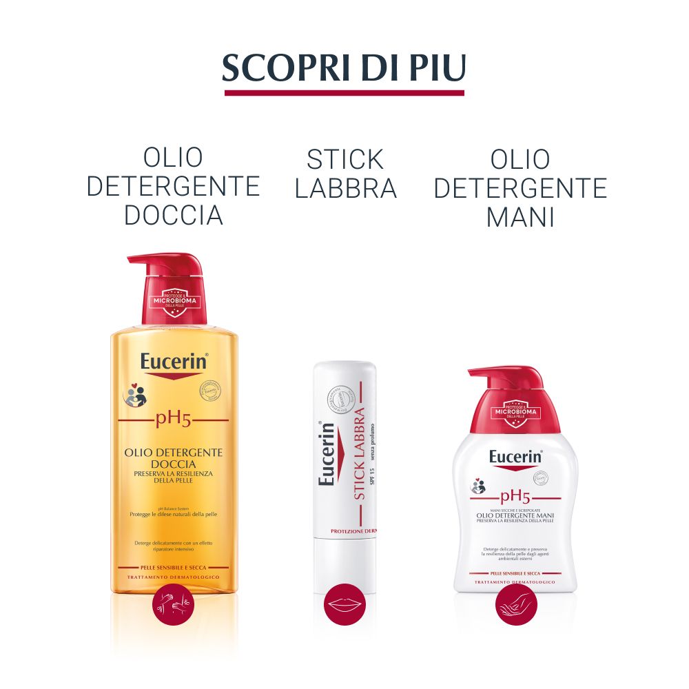 Tre prodotti: Olio doccia, stick labbra, olio lavamani. Tutti Eucerin.