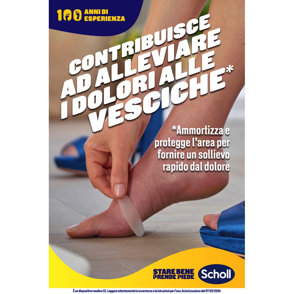 Werbebild. Fuß mit Blasenpflaster. Text: Lindert Schmerzen durch Blasen. Marke Scholl.