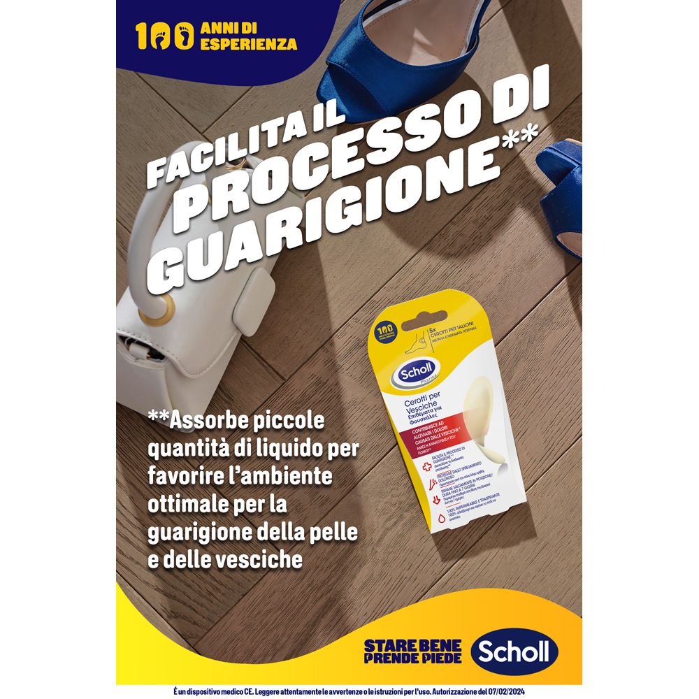 Werbebild. Verpackung und Schuhe. Text: Erleichtert den Heilungsprozess. Marke Scholl.