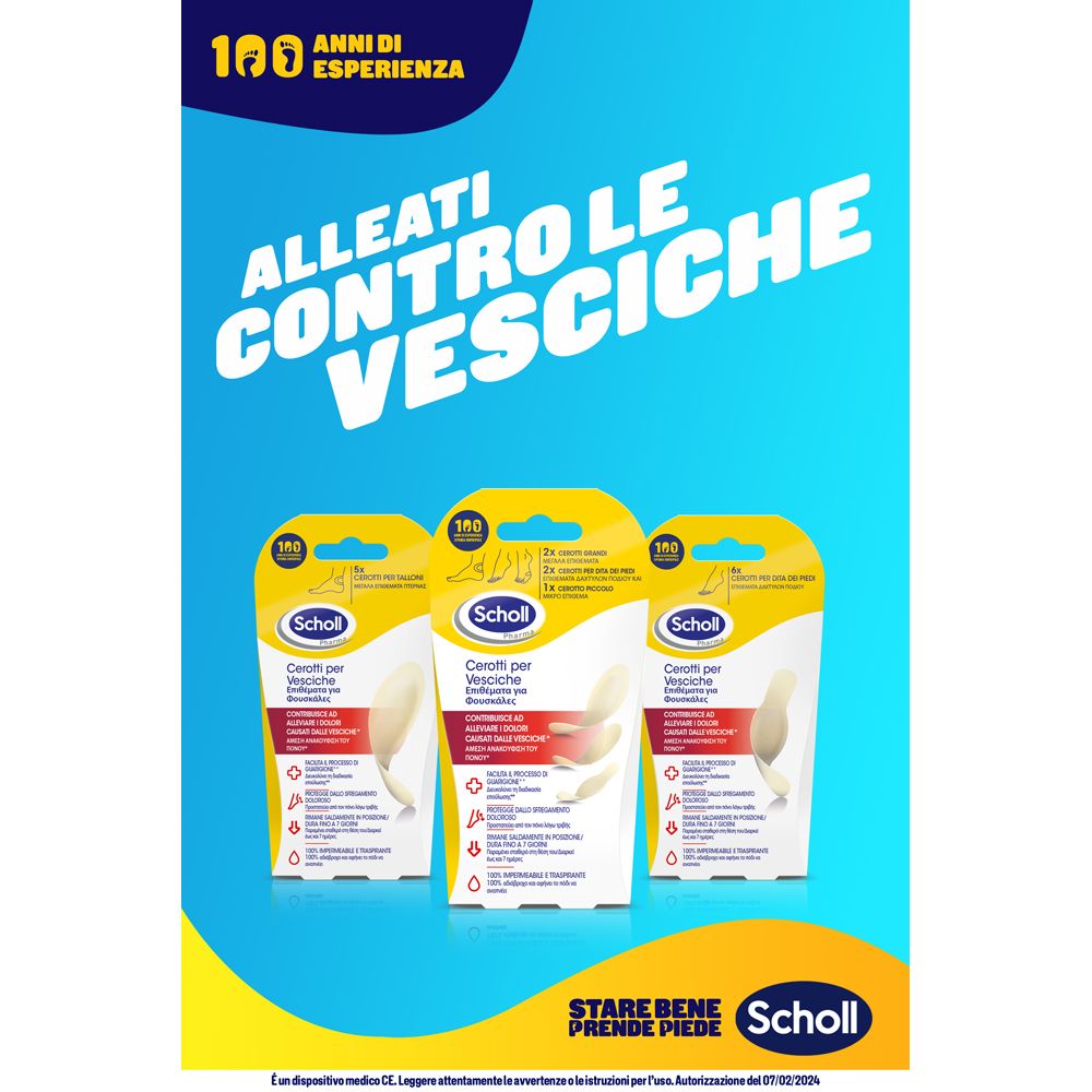 Werbebild. Drei Verpackungen. Text: Verbündete gegen Blasen. Marke Scholl. Blauer Hintergrund.