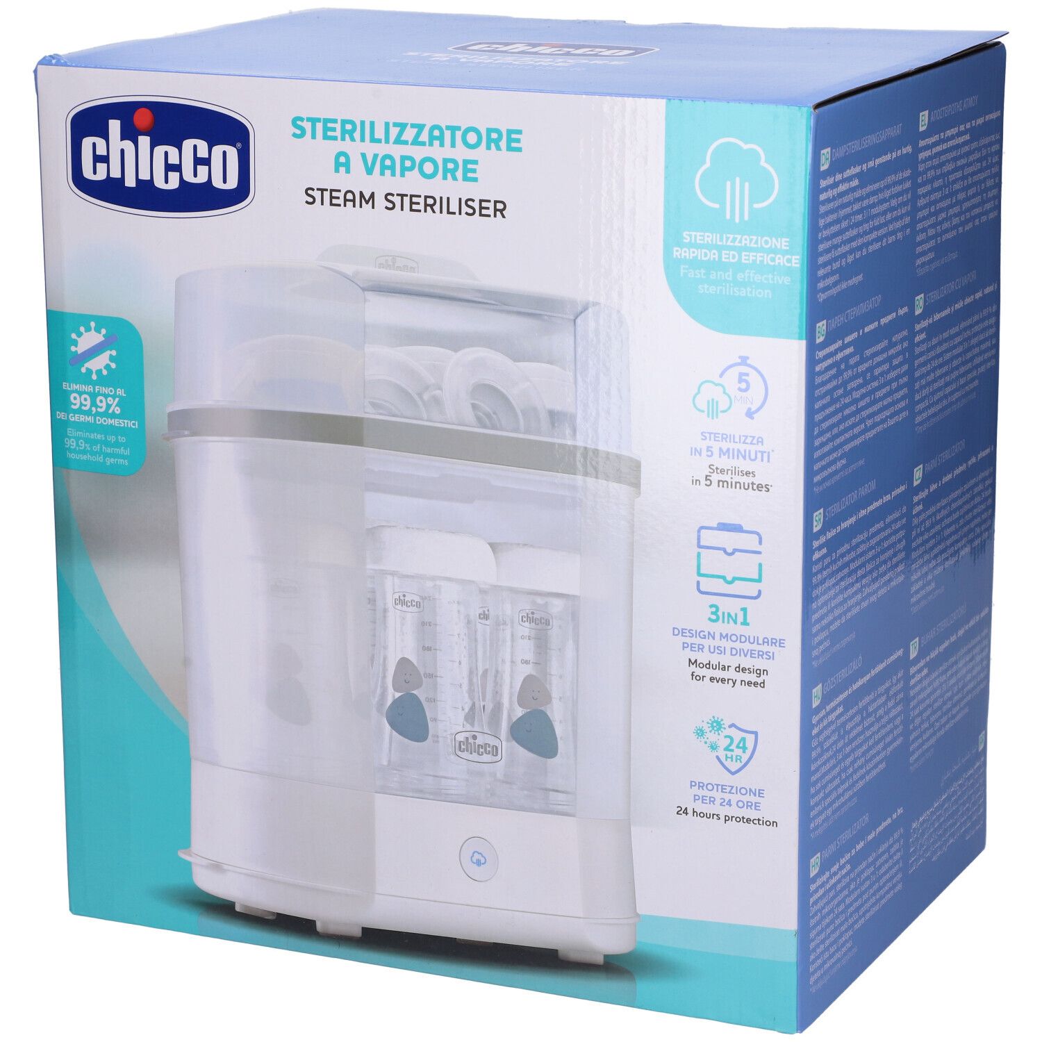 Scatola Chicco Sterilizzatore a Vapore. Immagine del prodotto e loghi. Testo: Sterilizzatore a Vapore, Steam Steriliser. Protezione 24h.