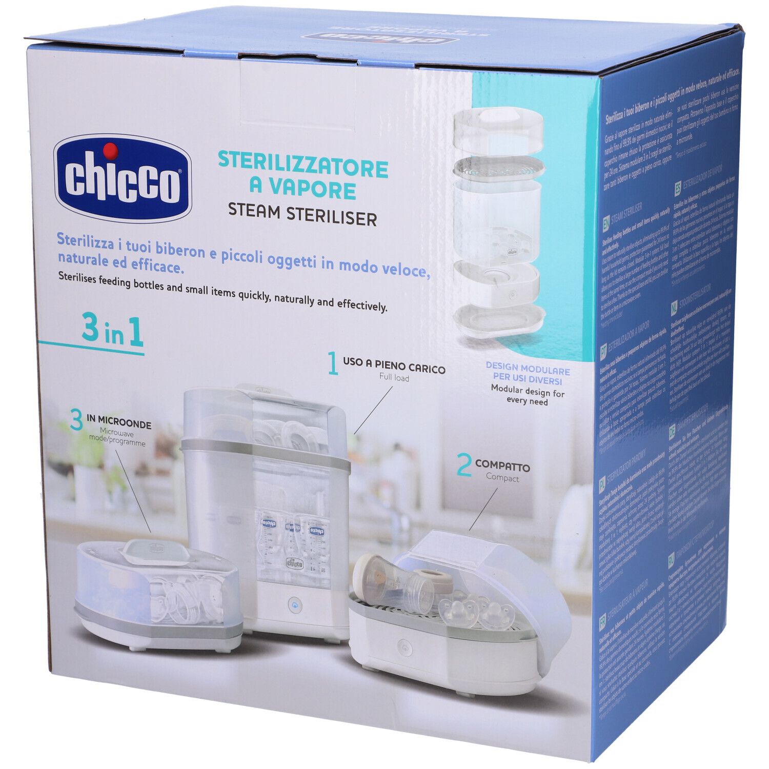 Scatola Chicco Sterilizzatore a Vapore. Immagini del prodotto. Testo: Sterilizzatore a Vapore, Steam Steriliser. 3 in 1. Uso a pieno carico, Compatto.