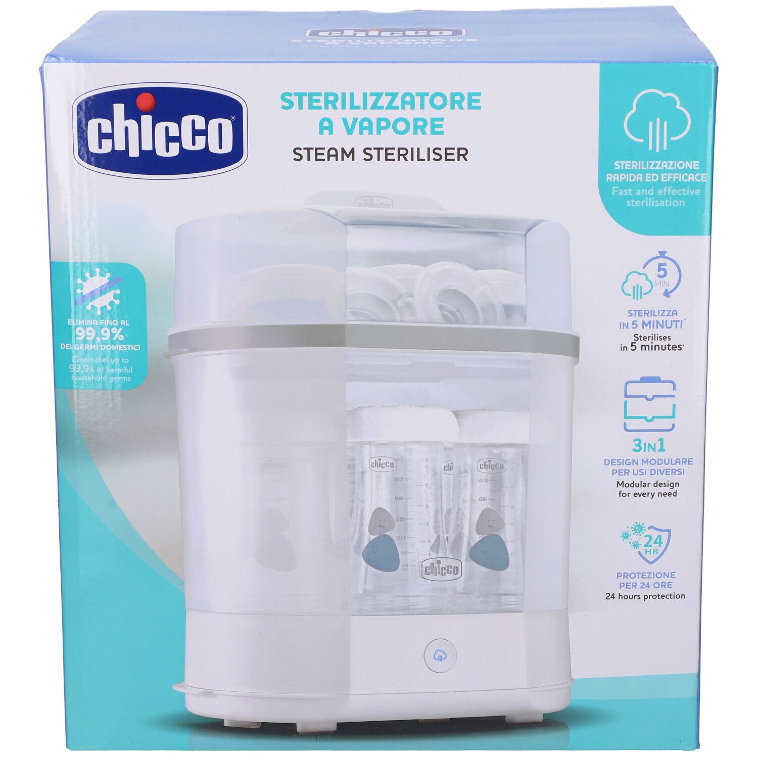 Chicco Sterilizzatore a Vapore nella confezione. Dispositivo bianco con coperchio trasparente. Testo: Sterilizzatore a Vapore, Steam Steriliser.