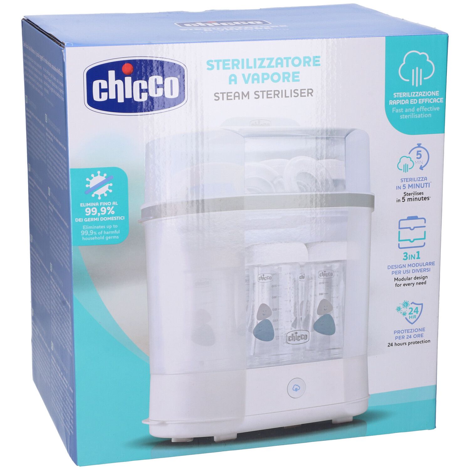 Chicco Sterilizzatore a Vapore nella confezione. Dispositivo bianco con coperchio trasparente. Testo: Sterilizzatore a Vapore, Steam Steriliser.