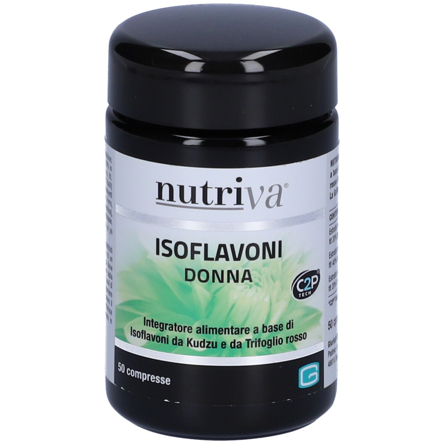 Contenitore di capsule con 'nutriva'. Contiene integratore alimentare Isoflavoni per donne.
