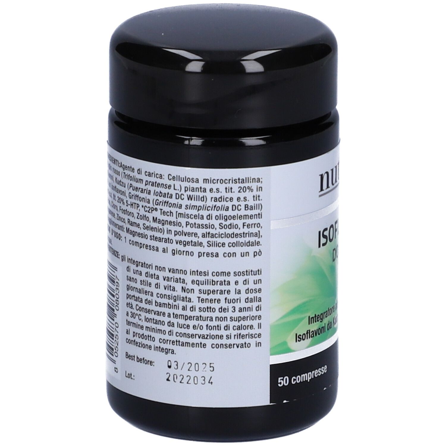Retro del contenitore di capsule 'nutriva'. Contiene informazioni sugli ingredienti e le istruzioni per l'uso.