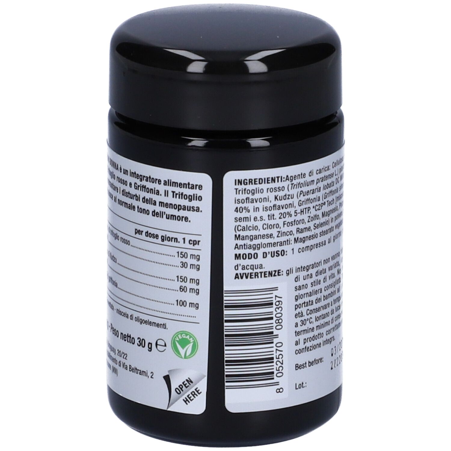 Contenitore di capsule 'nutriva'. Contiene informazioni sugli ingredienti e il dosaggio.