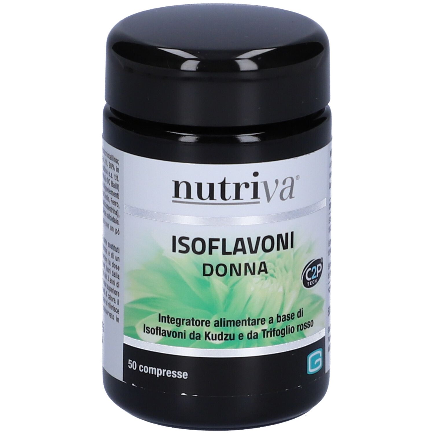 Contenitore di capsule con 'nutriva'. Contiene integratore alimentare Isoflavoni per donne.