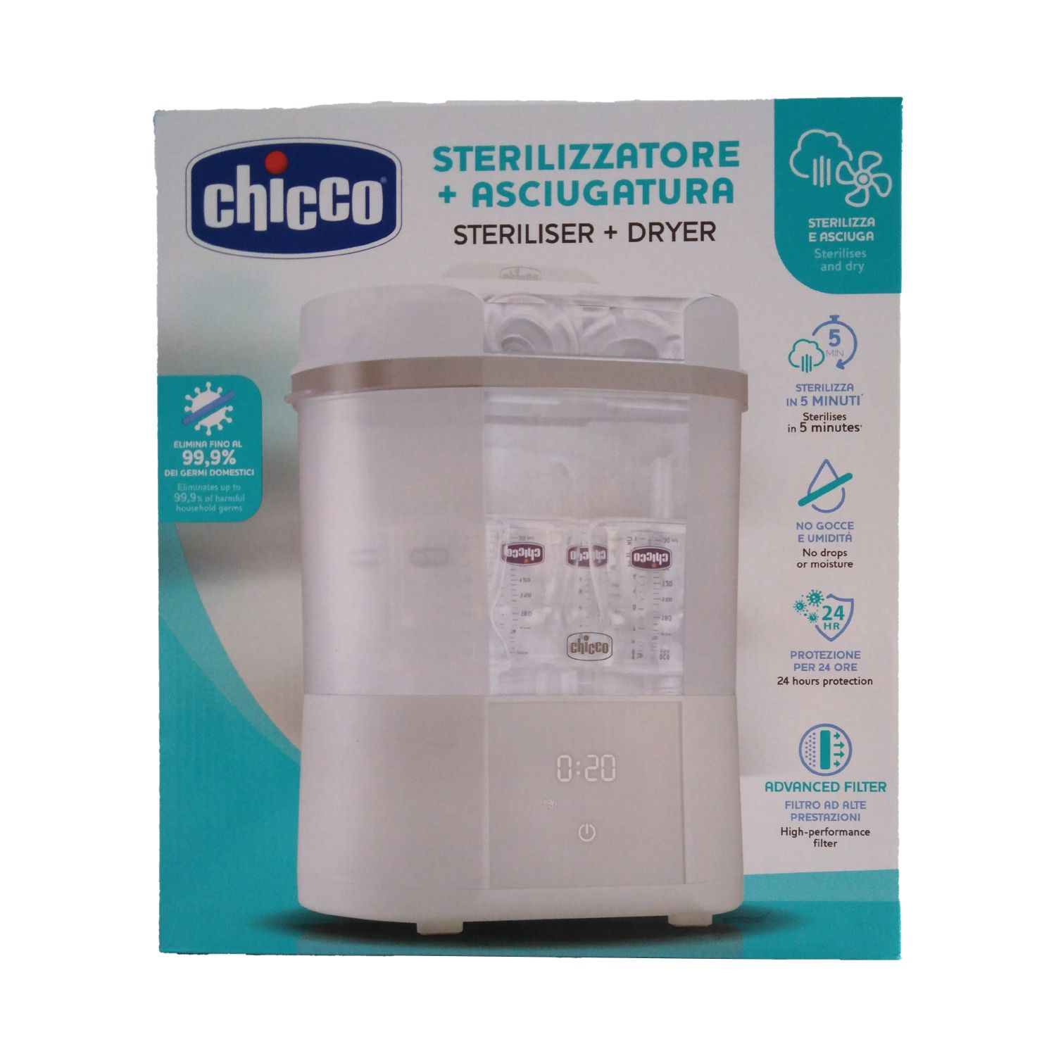 Sterilizzatore e asciugatore Chicco in confezione. Dispositivo bianco con display digitale.